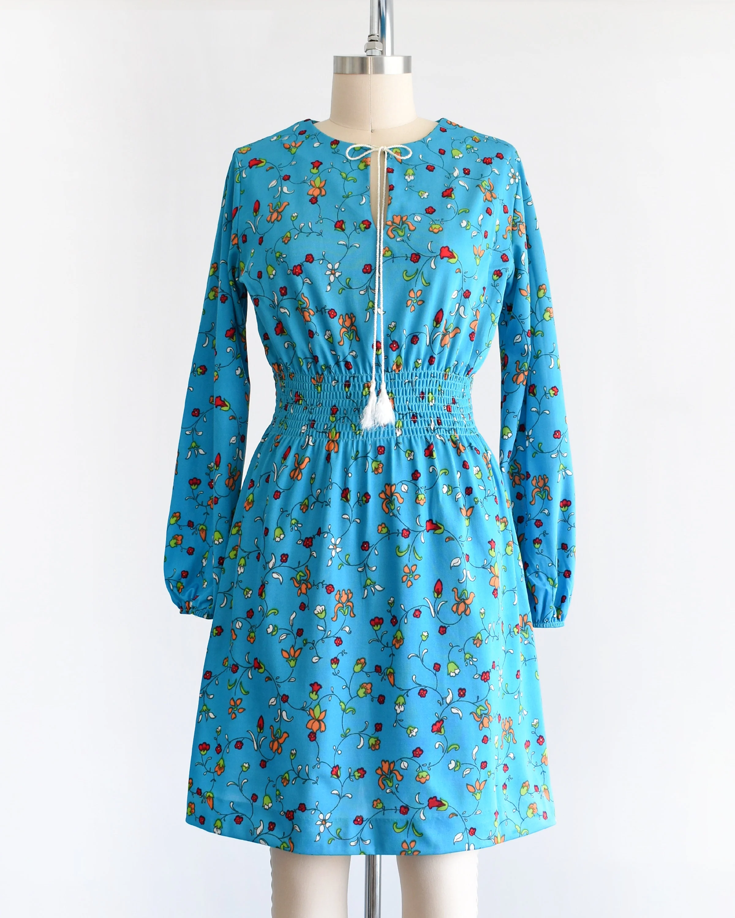 70s Blue Floral Dress Vintage 70s Dress Mod Flower Print Smocked Waist Long Sleeve Dress, Medium by The Red Eye - Image 3