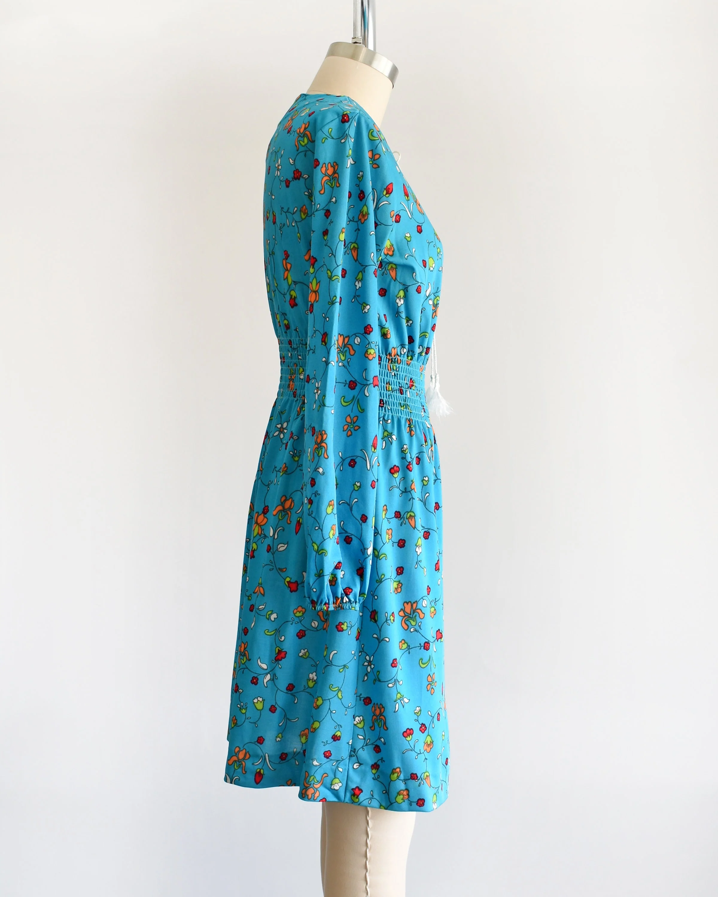 70s Blue Floral Dress Vintage 70s Dress Mod Flower Print Smocked Waist Long Sleeve Dress, Medium by The Red Eye - Image 4