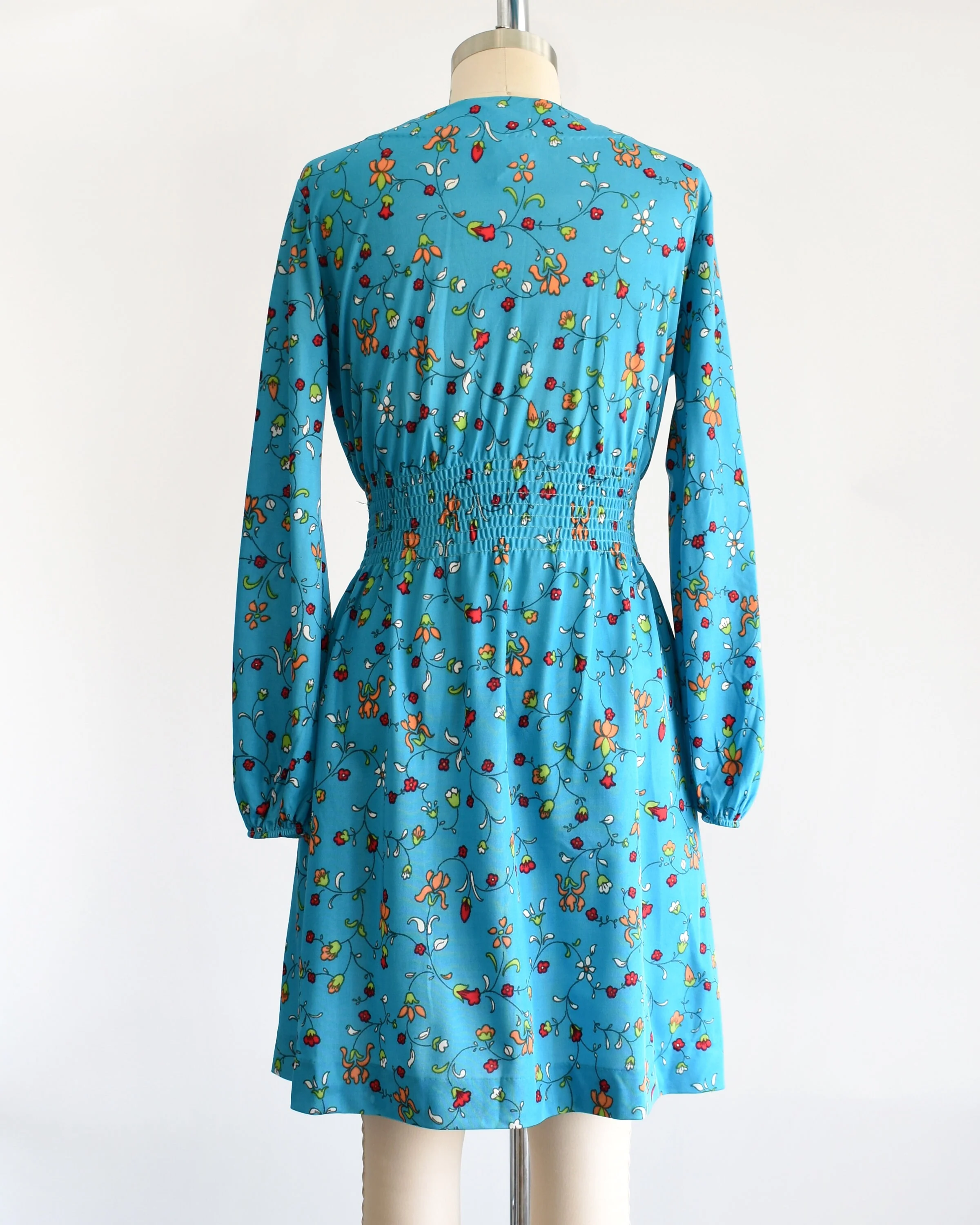 70s Blue Floral Dress Vintage 70s Dress Mod Flower Print Smocked Waist Long Sleeve Dress, Medium by The Red Eye - Image 5