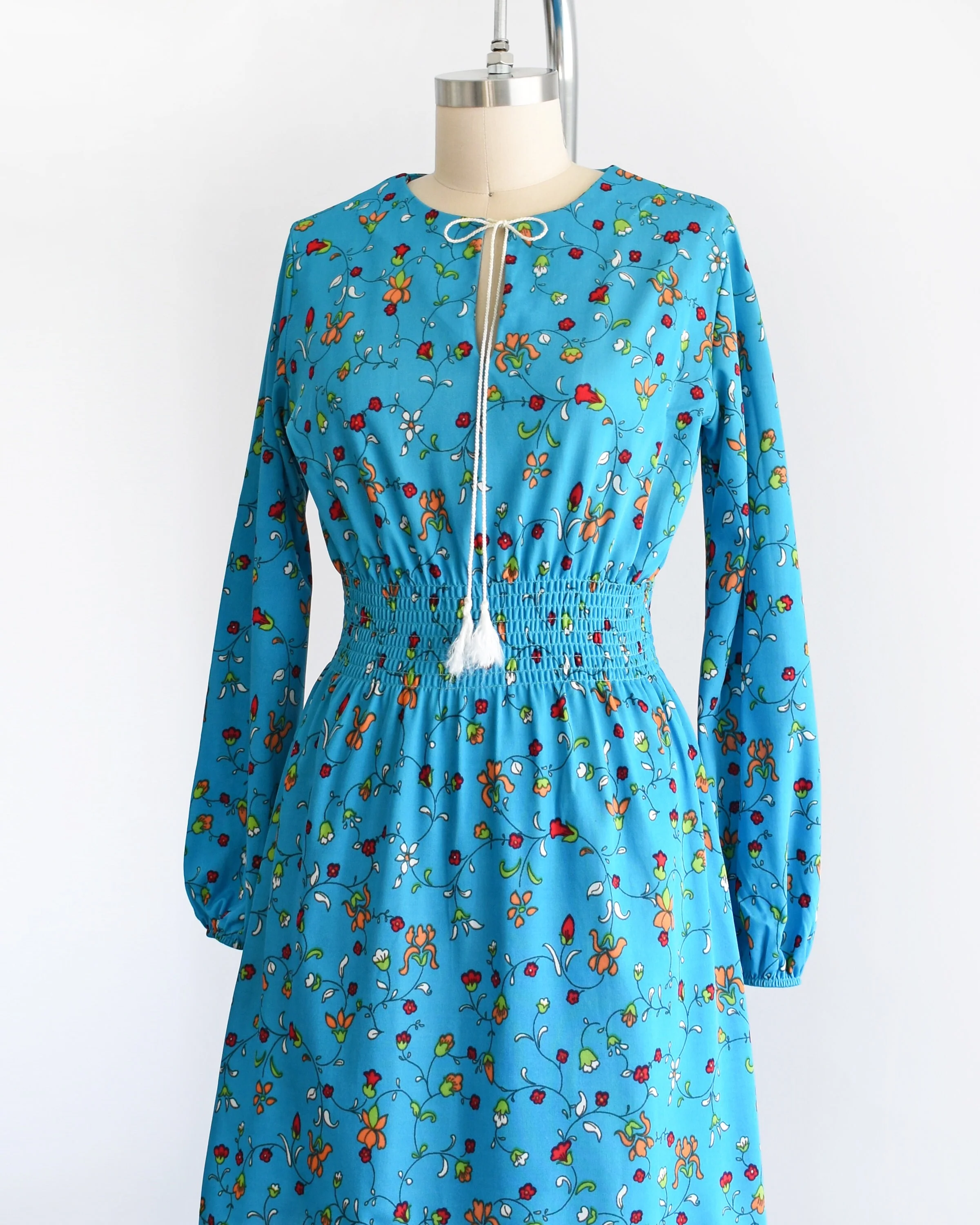 70s Blue Floral Dress Vintage 70s Dress Mod Flower Print Smocked Waist Long Sleeve Dress, Medium by The Red Eye - Image 6