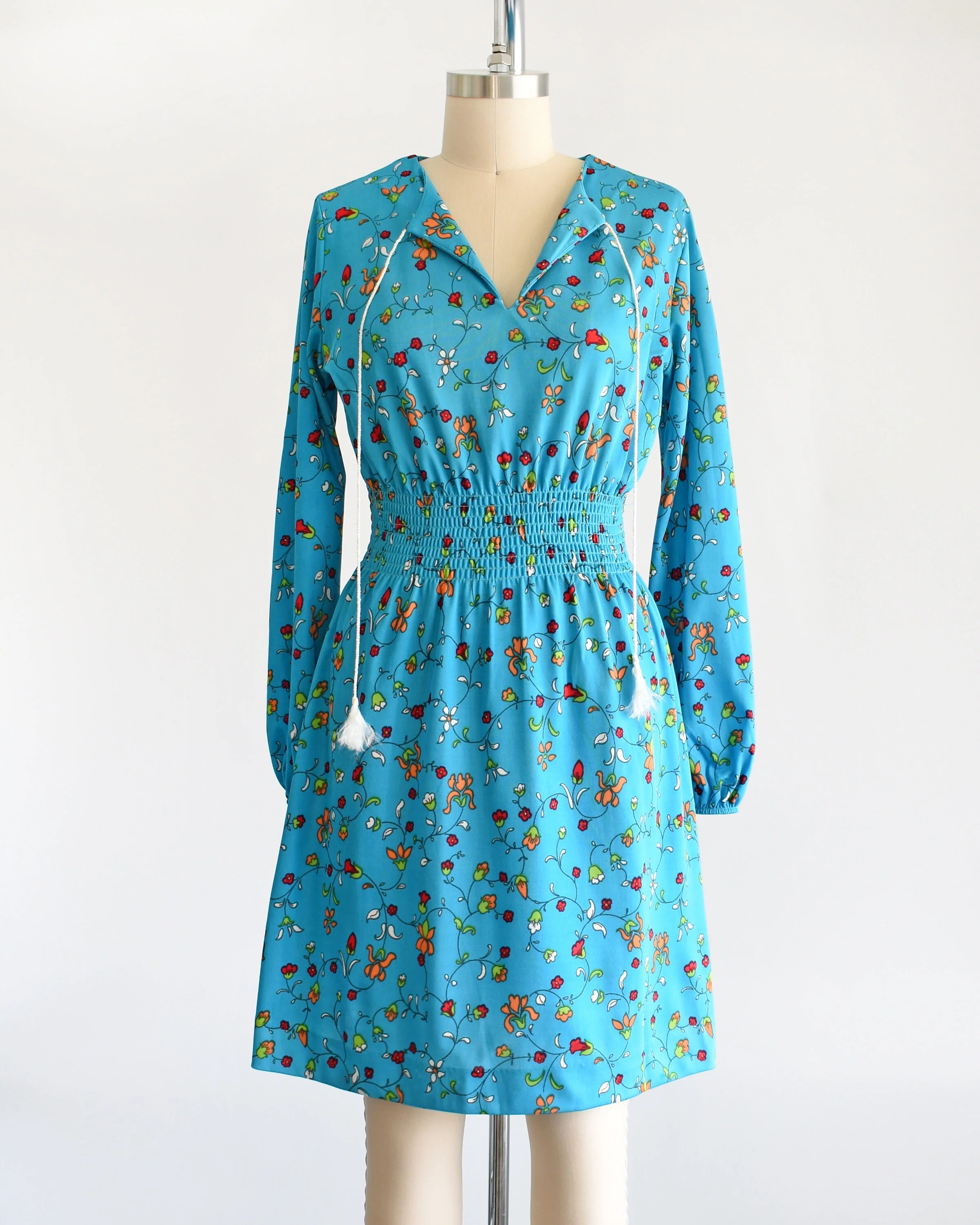 70s Blue Floral Dress Vintage 70s Dress Mod Flower Print Smocked Waist Long Sleeve Dress, Medium by The Red Eye - Image 7