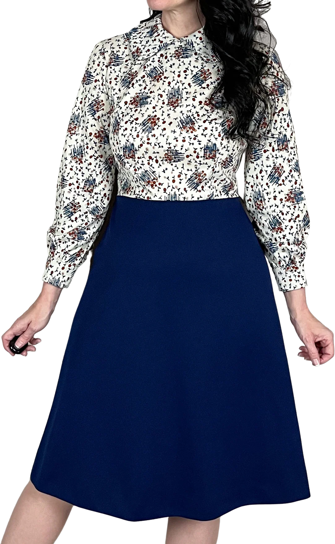 70s Blue Floral Long Sleeve A-line Mini Dress