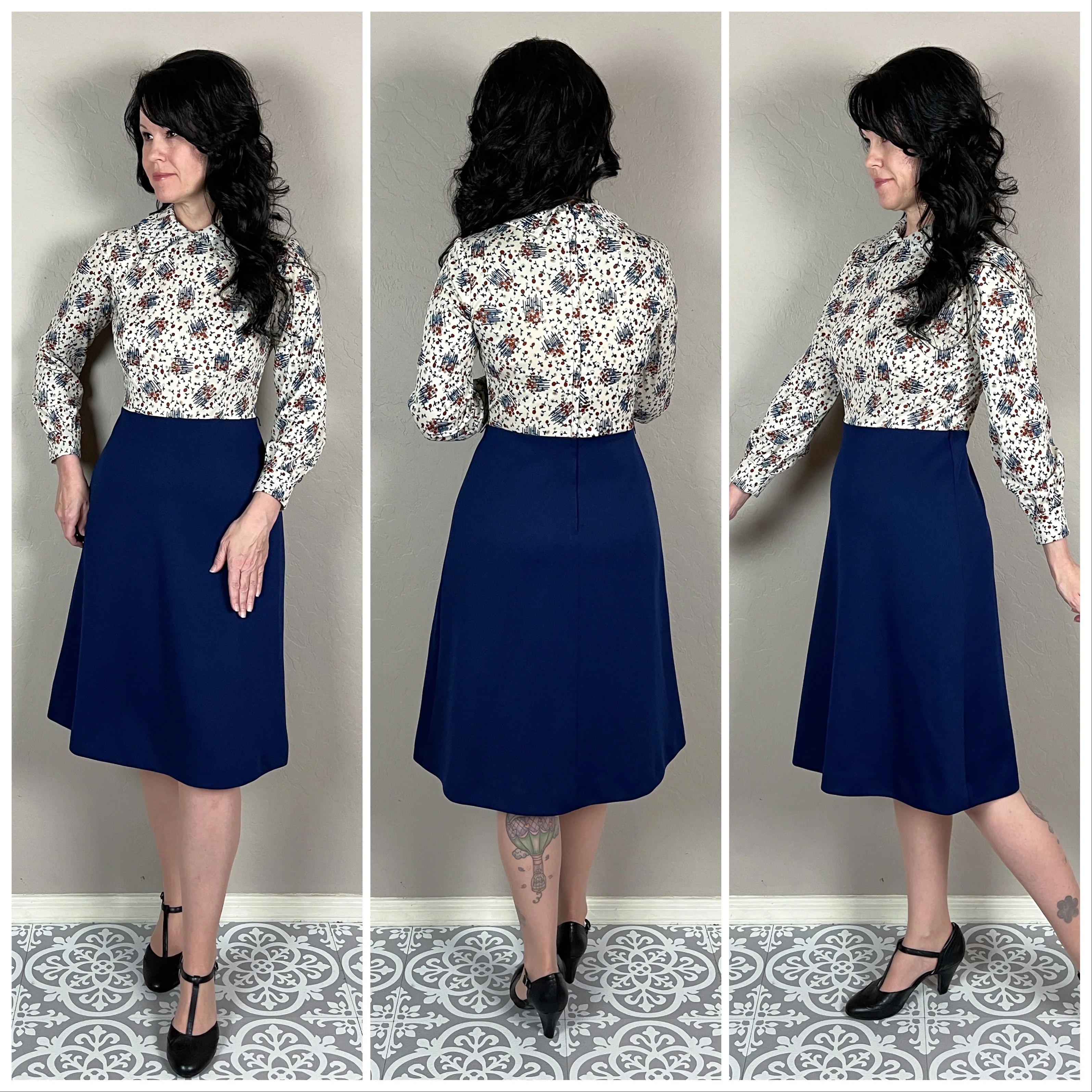 70s Blue Floral Long Sleeve A-line Mini Dress - Image 3