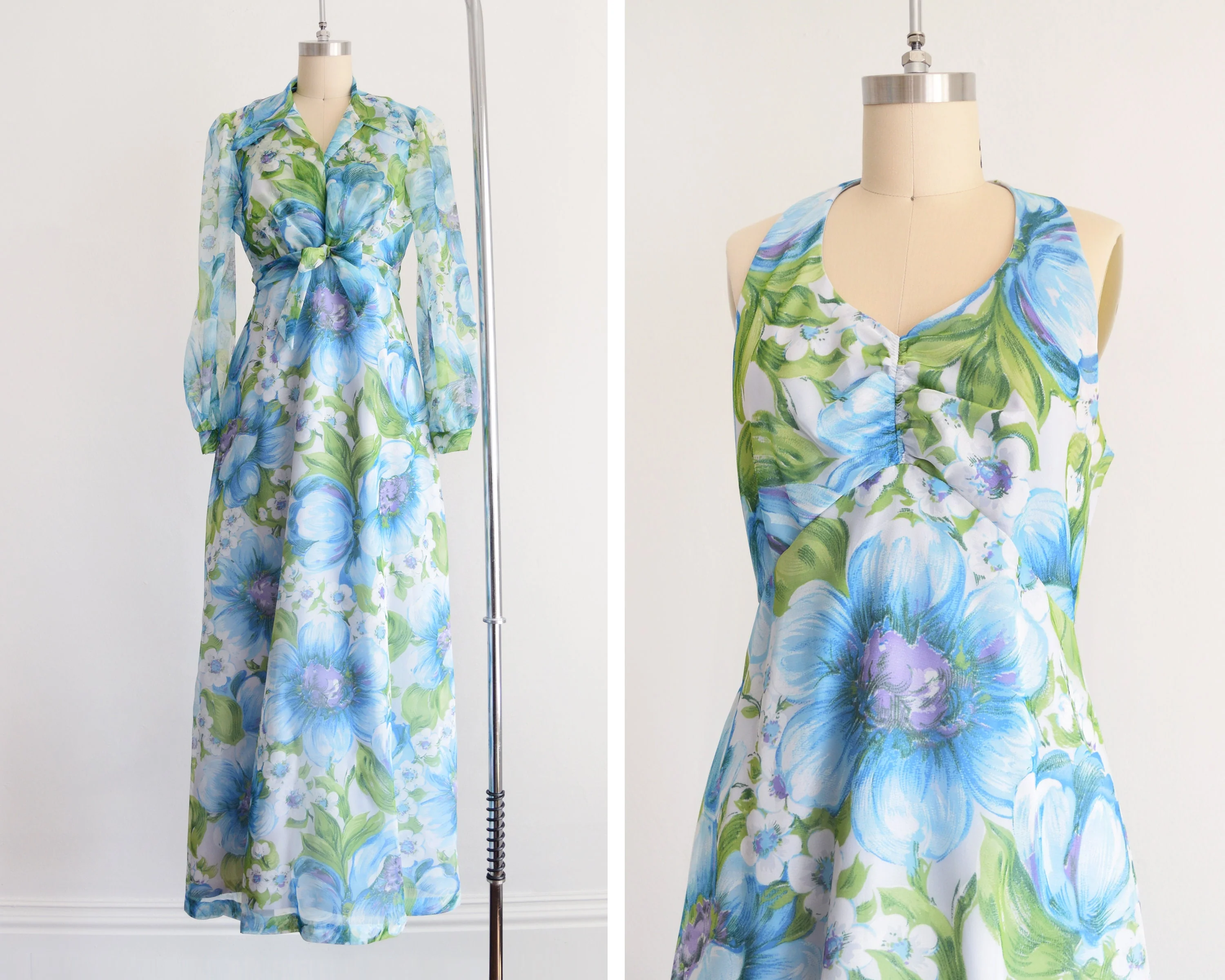 70s Blue Floral Maxi Dress Vintage 70s Halter Dress with Crop Bolero Jacket, Flower Print Chiffon Maxi Sundress Set, Small - Image 2
