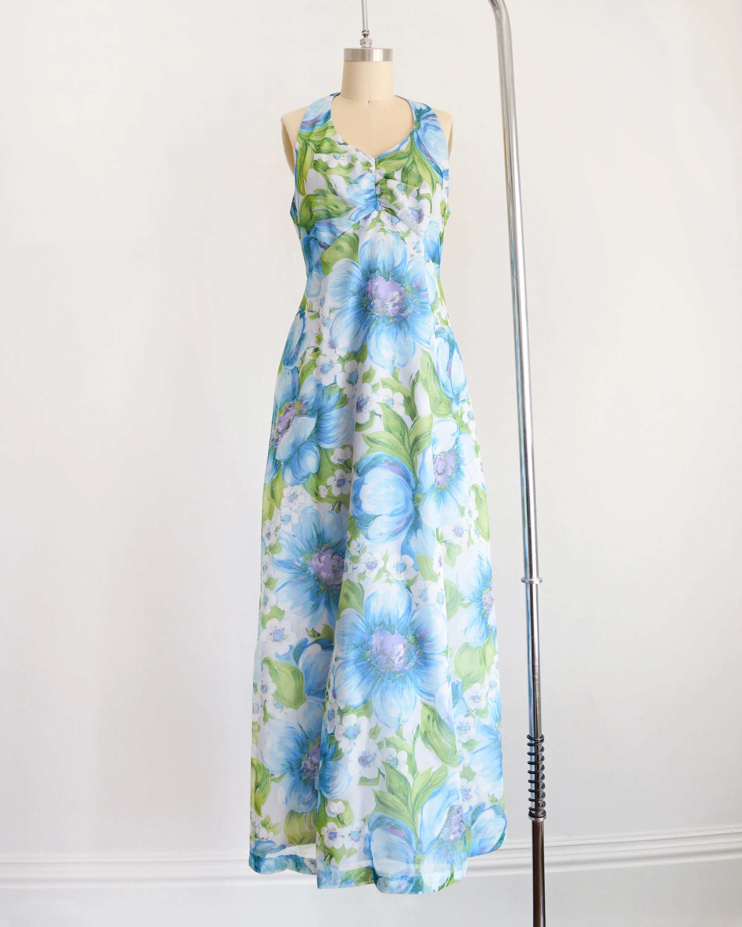 70s Blue Floral Maxi Dress Vintage 70s Halter Dress with Crop Bolero Jacket, Flower Print Chiffon Maxi Sundress Set, Small - Image 3