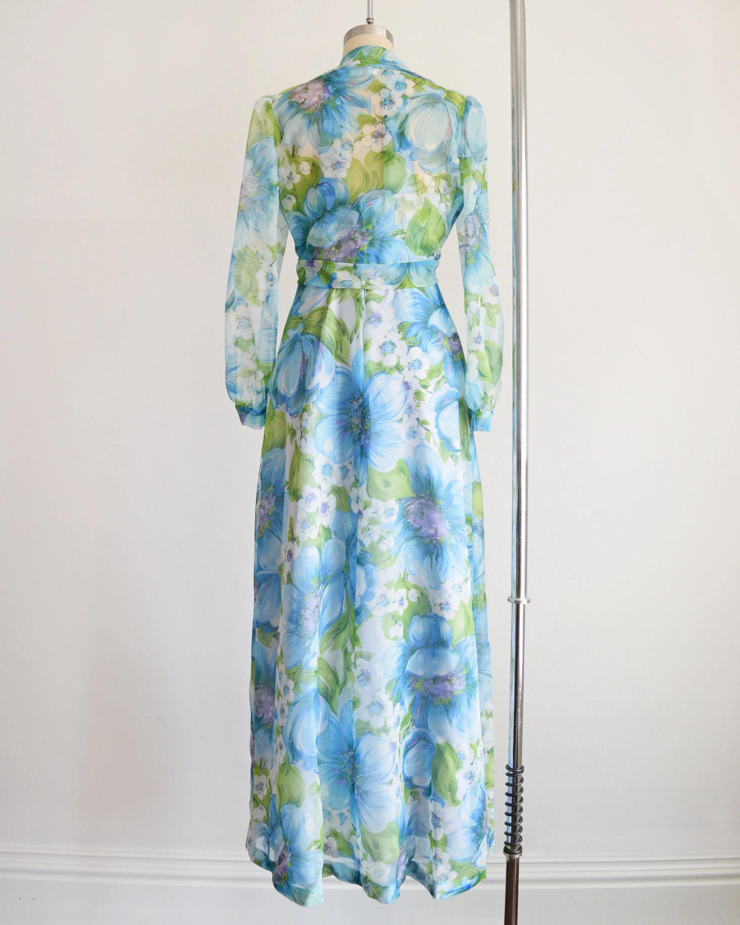 70s Blue Floral Maxi Dress Vintage 70s Halter Dress with Crop Bolero Jacket, Flower Print Chiffon Maxi Sundress Set, Small - Image 6