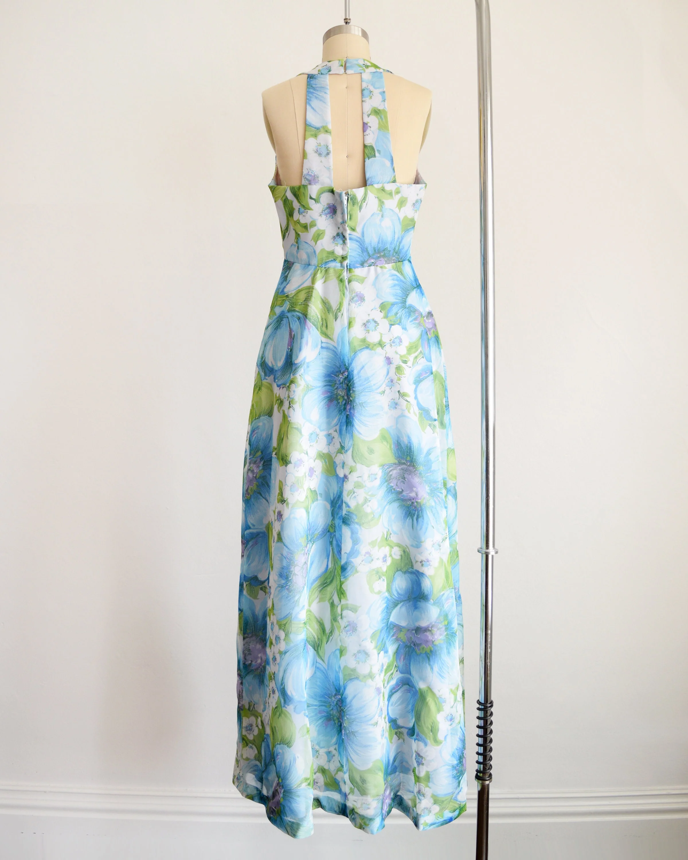 70s Blue Floral Maxi Dress Vintage 70s Halter Dress with Crop Bolero Jacket, Flower Print Chiffon Maxi Sundress Set, Small - Image 7