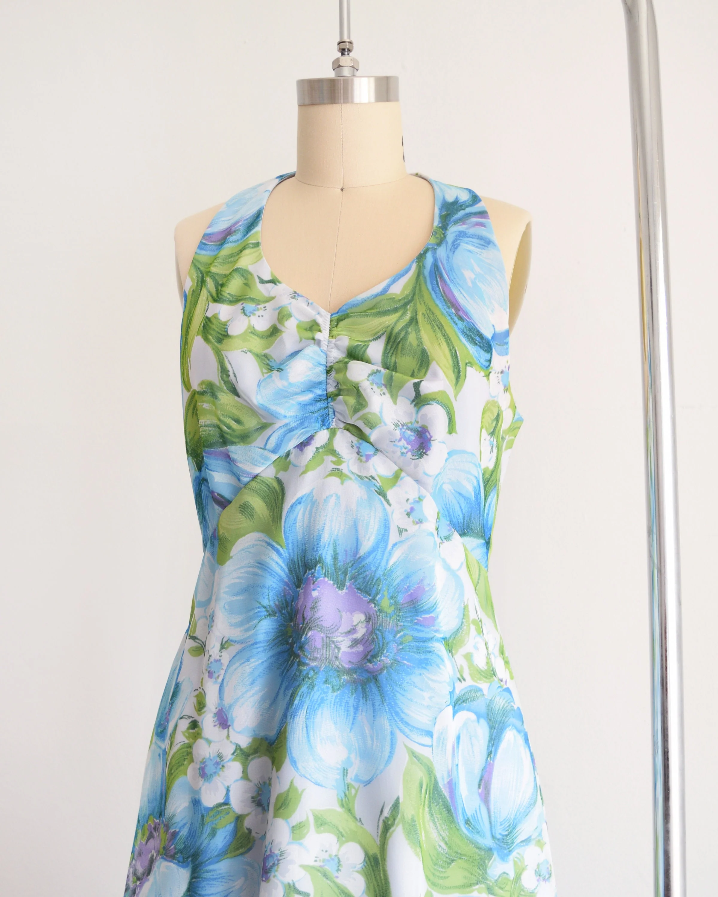 70s Blue Floral Maxi Dress Vintage 70s Halter Dress with Crop Bolero Jacket, Flower Print Chiffon Maxi Sundress Set, Small - Image 9