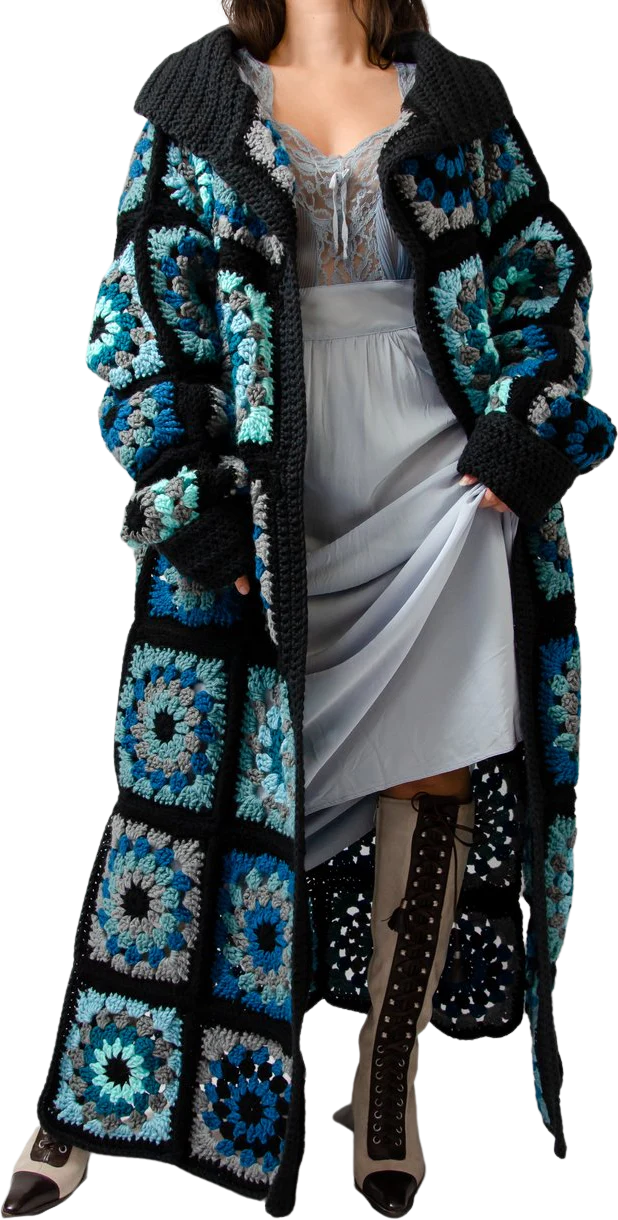 70s Blue Granny Square Duster Cardigan