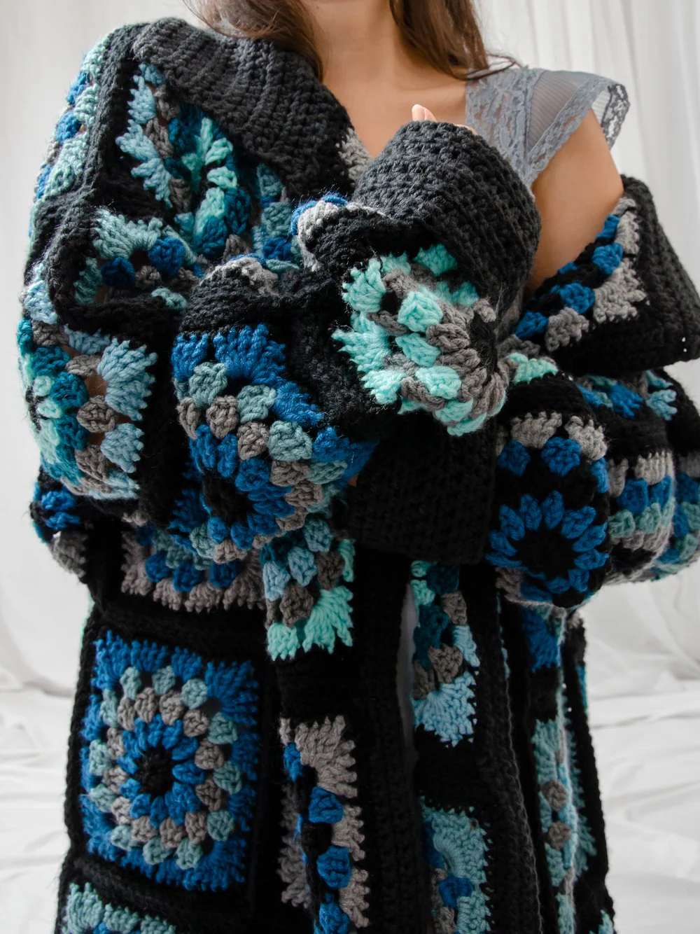 70s Blue Granny Square Duster Cardigan - Image 5