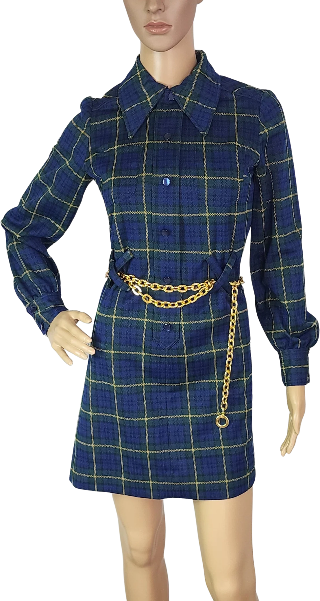 70s Blue Green Plaid Mini Shift Dress Long Sleeves