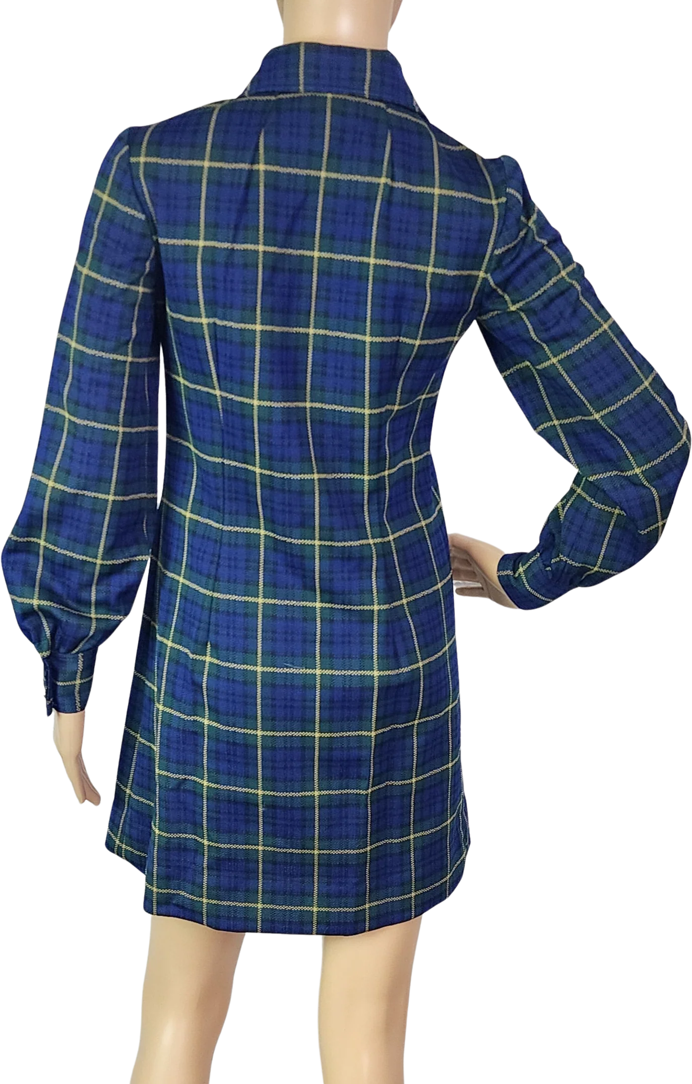 70s Blue Green Plaid Mini Shift Dress Long Sleeves - Image 2