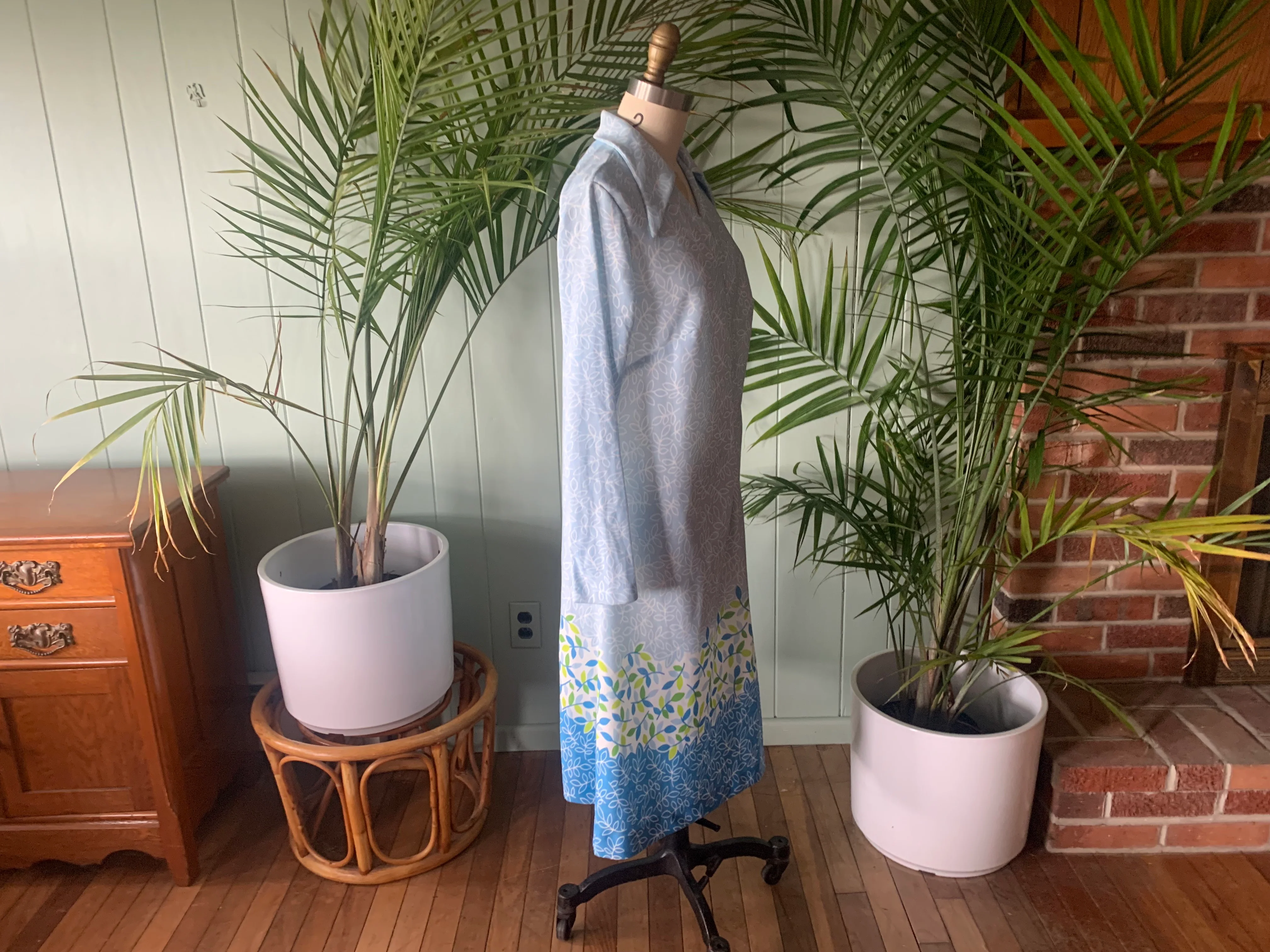 70s Blue Leaf Print Knit Belted Dress By Marigold - Image 9