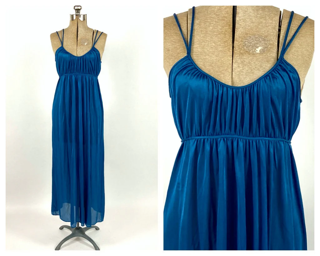 70s Blue Long Halter Grecian Dress Empire Goddess Ethereal Maxi Dress Draped Party Vintage Slip Dress by Kayser - Image 4