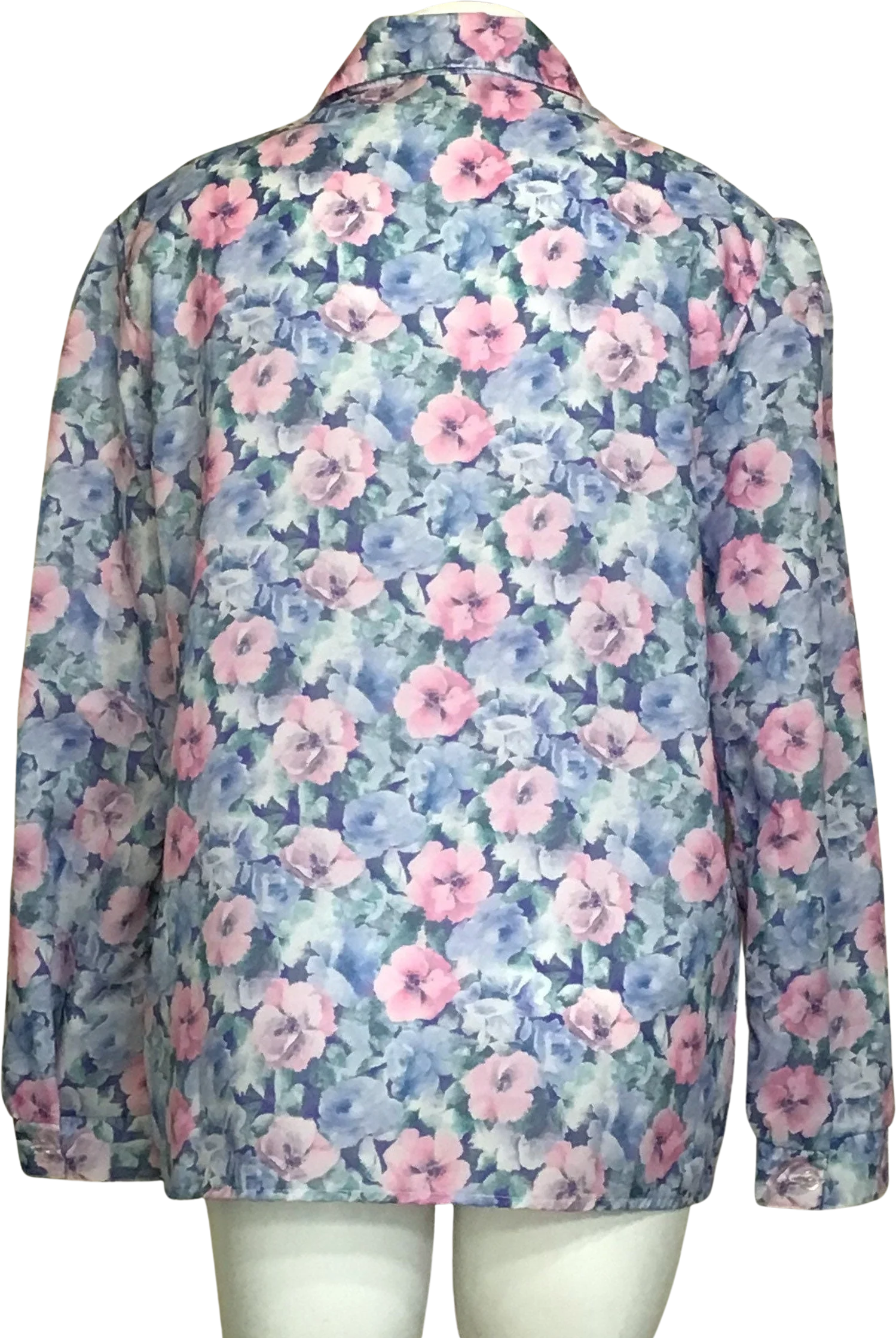 70s Blue Pink Floral Long Sleeve Button Up Blouse Top By Baroness De Wayne - Image 2