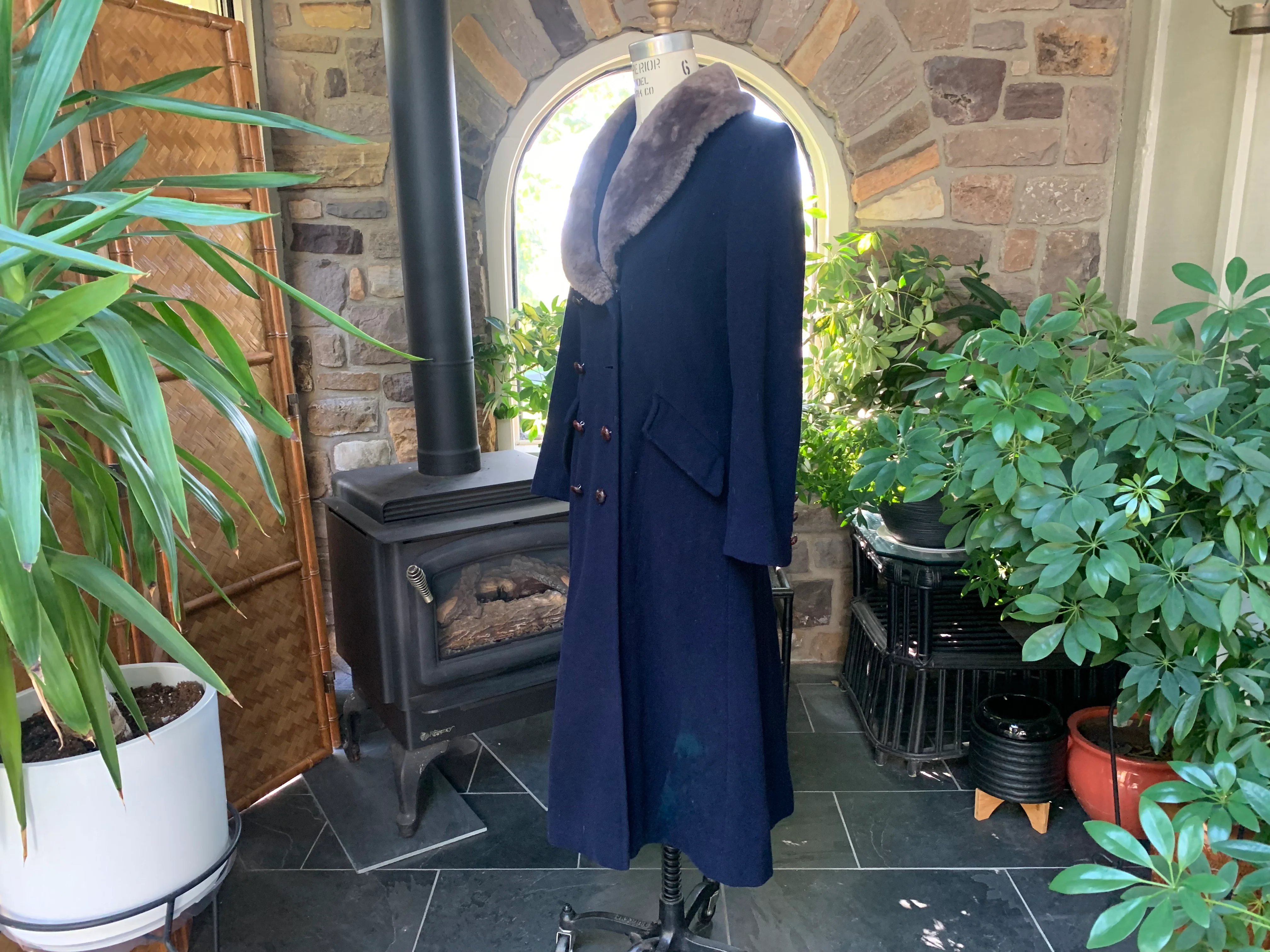 70s Blue Princess Cut Wool Midi Coat Shearling Collar By Union Label - Image 4