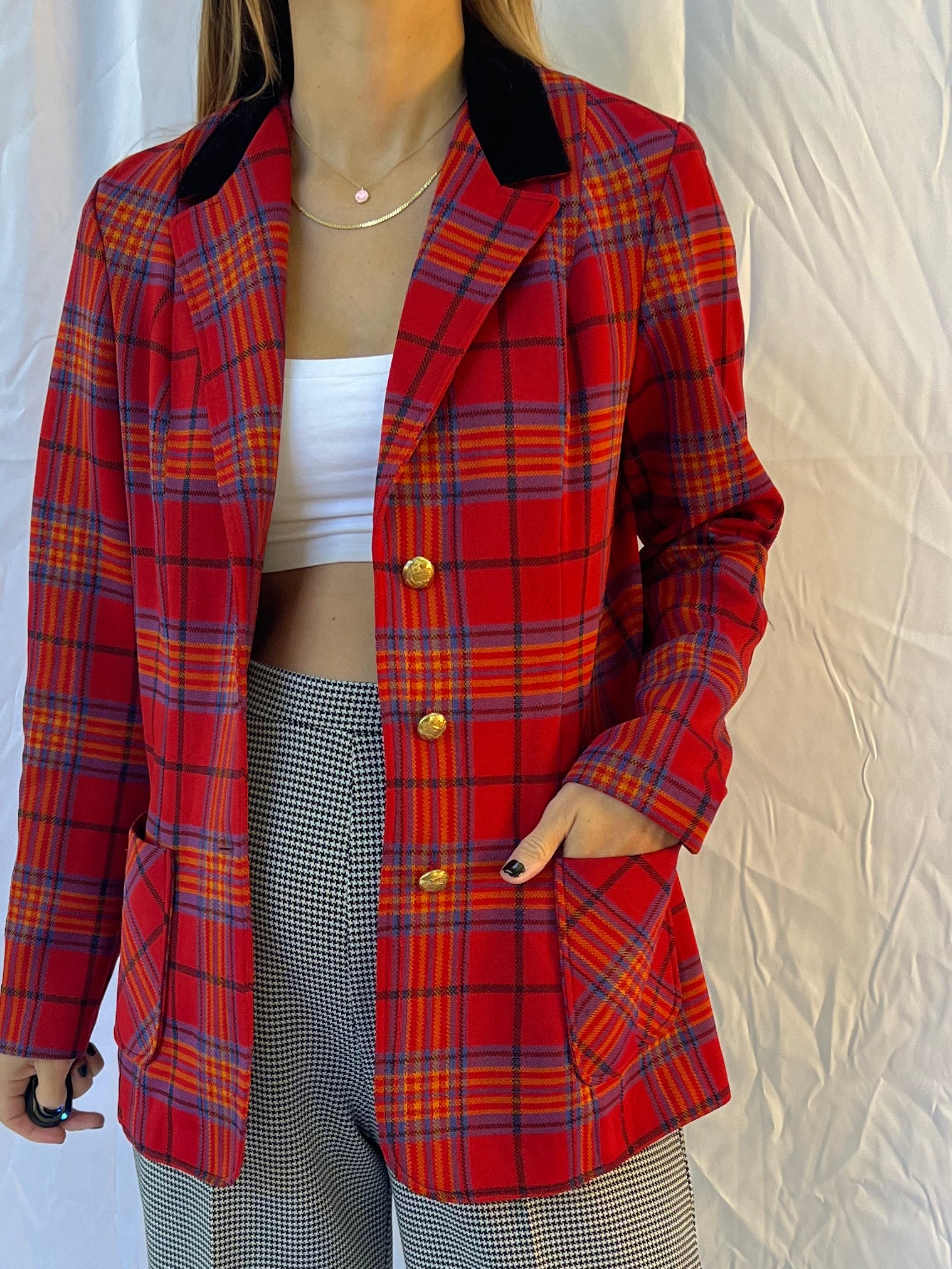70s Blue Red Mustard Plaid Blazer - Image 5