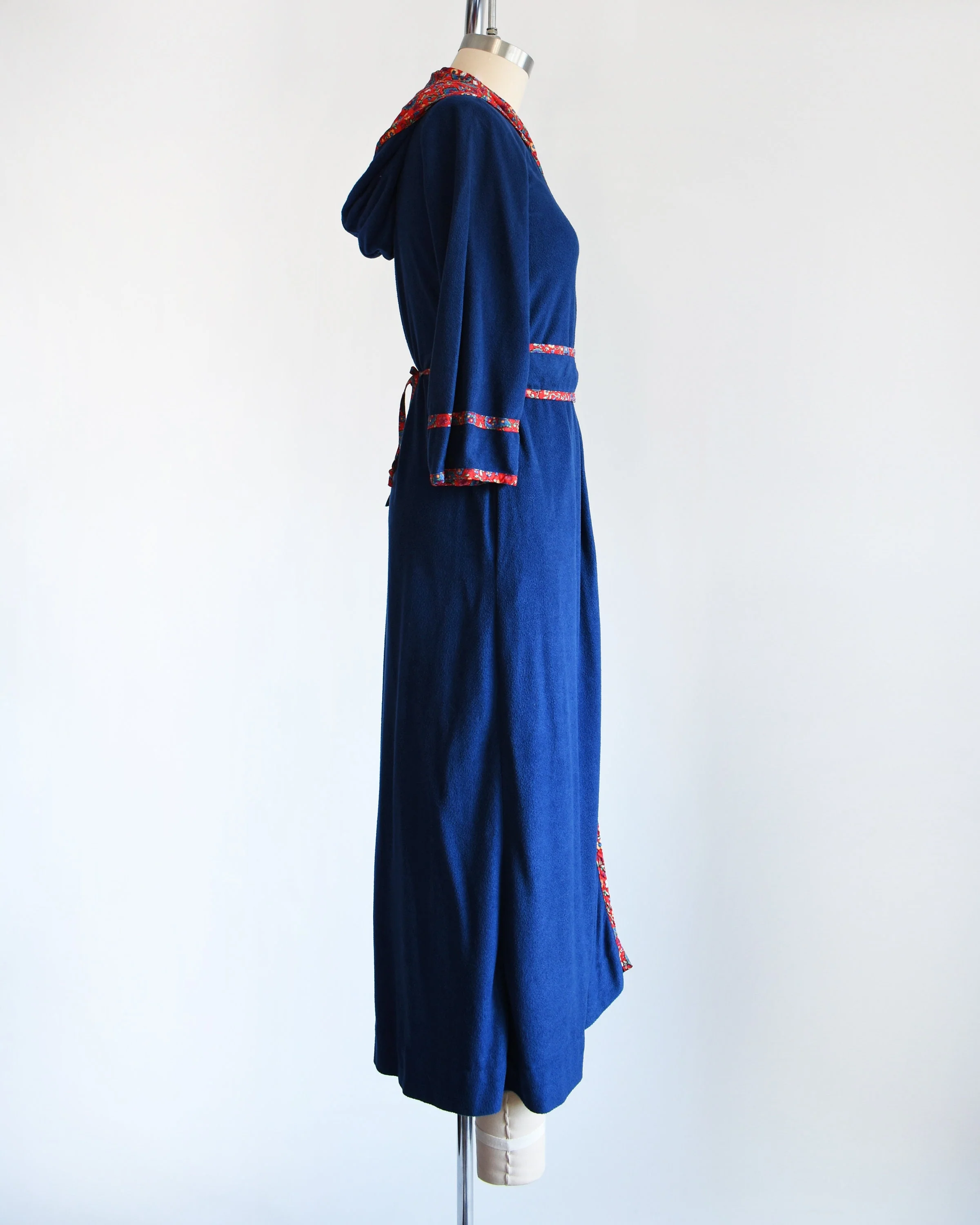 70s Blue Robe Vintage 70s Robe Navy Blue with Red Floral Trim Hooded Wrap House Coat Xs/small by Young Miss Morton Loungewear - Image 4