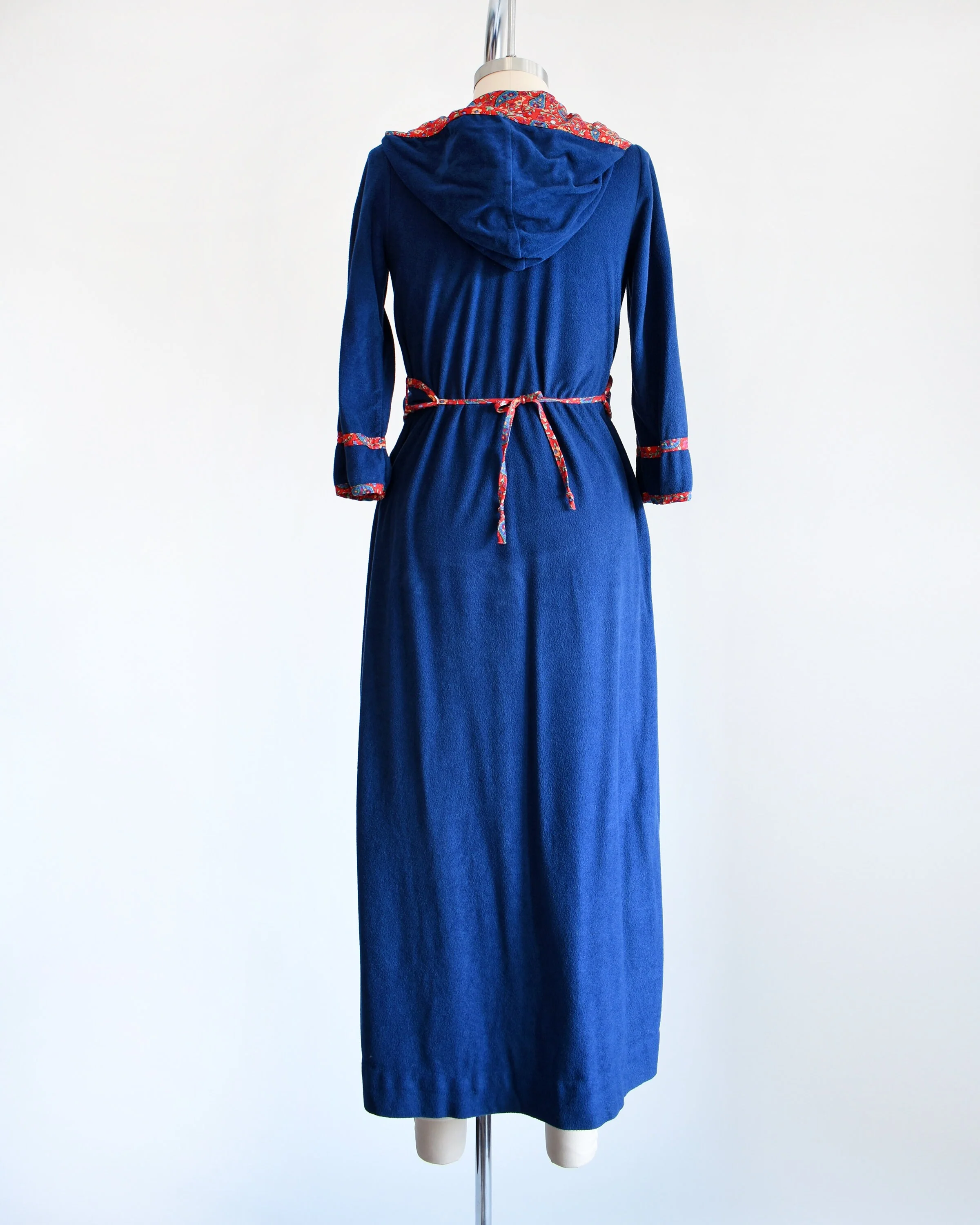 70s Blue Robe Vintage 70s Robe Navy Blue with Red Floral Trim Hooded Wrap House Coat Xs/small by Young Miss Morton Loungewear - Image 5