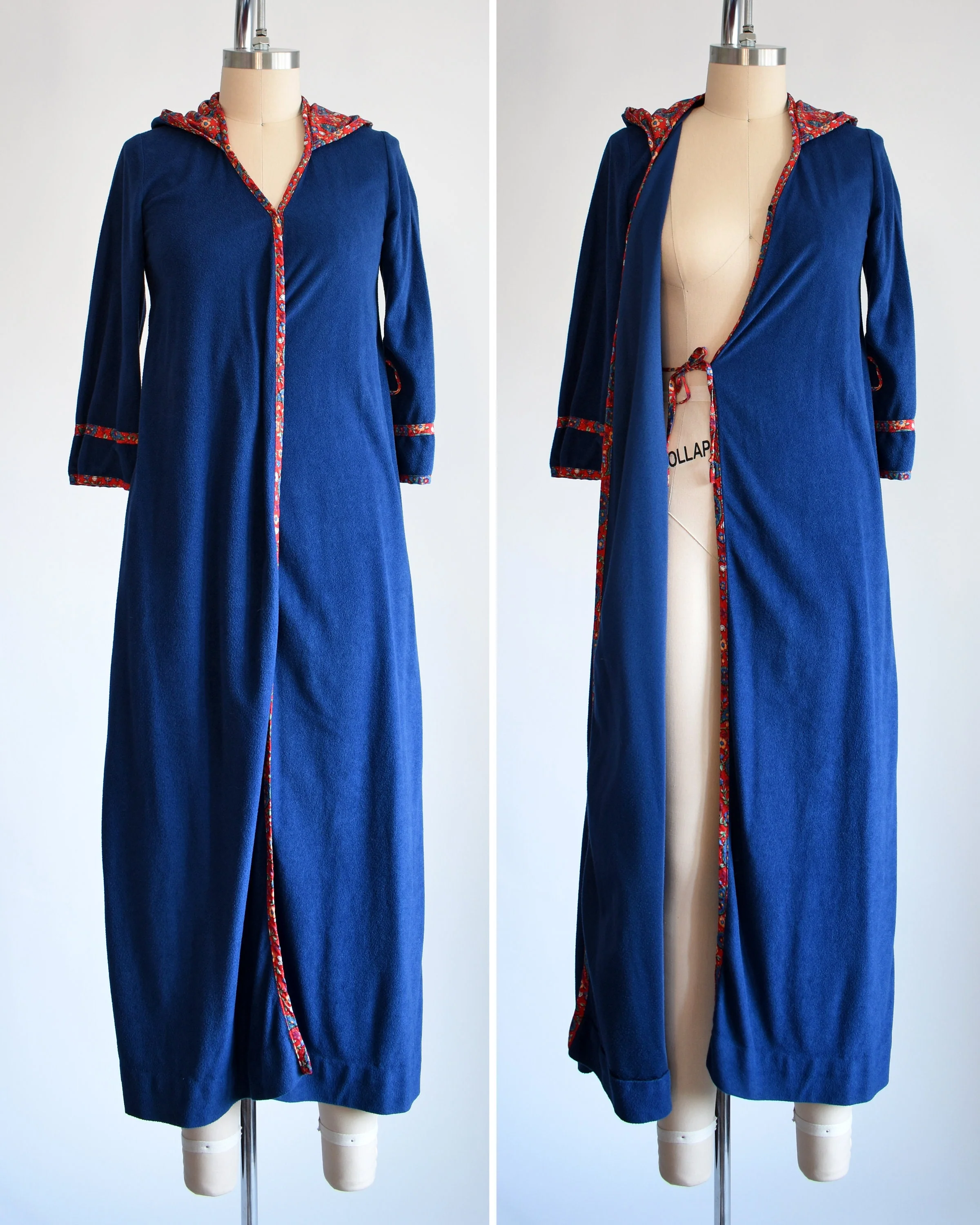 70s Blue Robe Vintage 70s Robe Navy Blue with Red Floral Trim Hooded Wrap House Coat Xs/small by Young Miss Morton Loungewear - Image 6