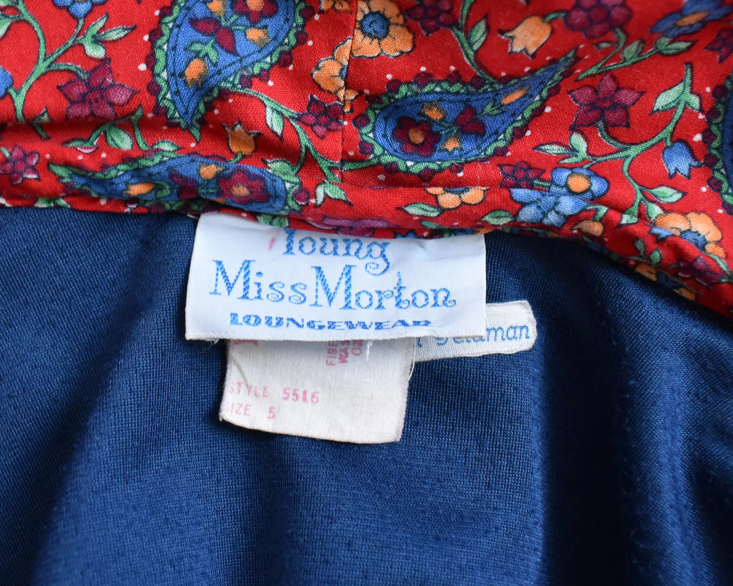 70s Blue Robe Vintage 70s Robe Navy Blue with Red Floral Trim Hooded Wrap House Coat Xs/small by Young Miss Morton Loungewear - Image 9