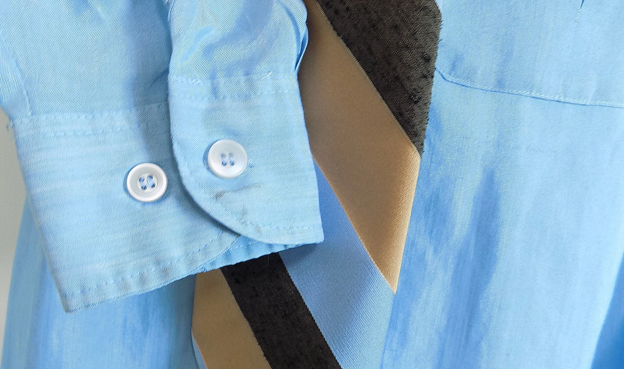 70s Blue Summer Weight Blue Dress Shirt Wedding Embordered Loop Collar Pleated Pocket Long Sleeved by Sears - Image 7
