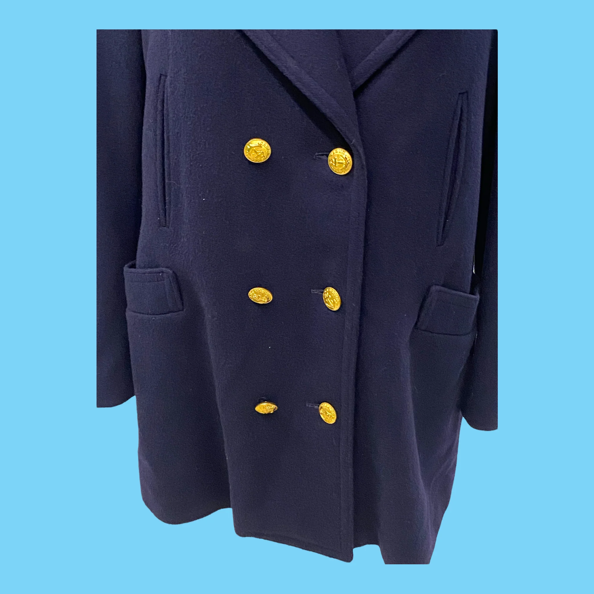 70s Blue Wool Pea Coat With Gold Anchor Buttons By Evan Picone - Image 3