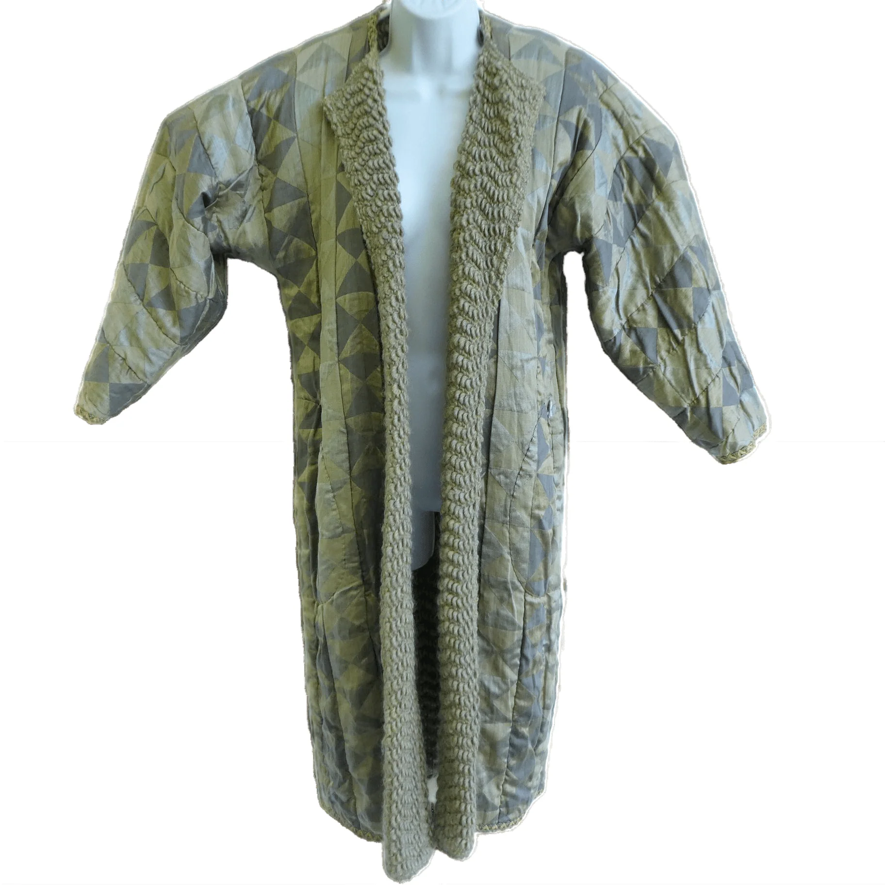 70s Boho Tan Boucle Woven Wool Duster Coat Pockets M - Image 11
