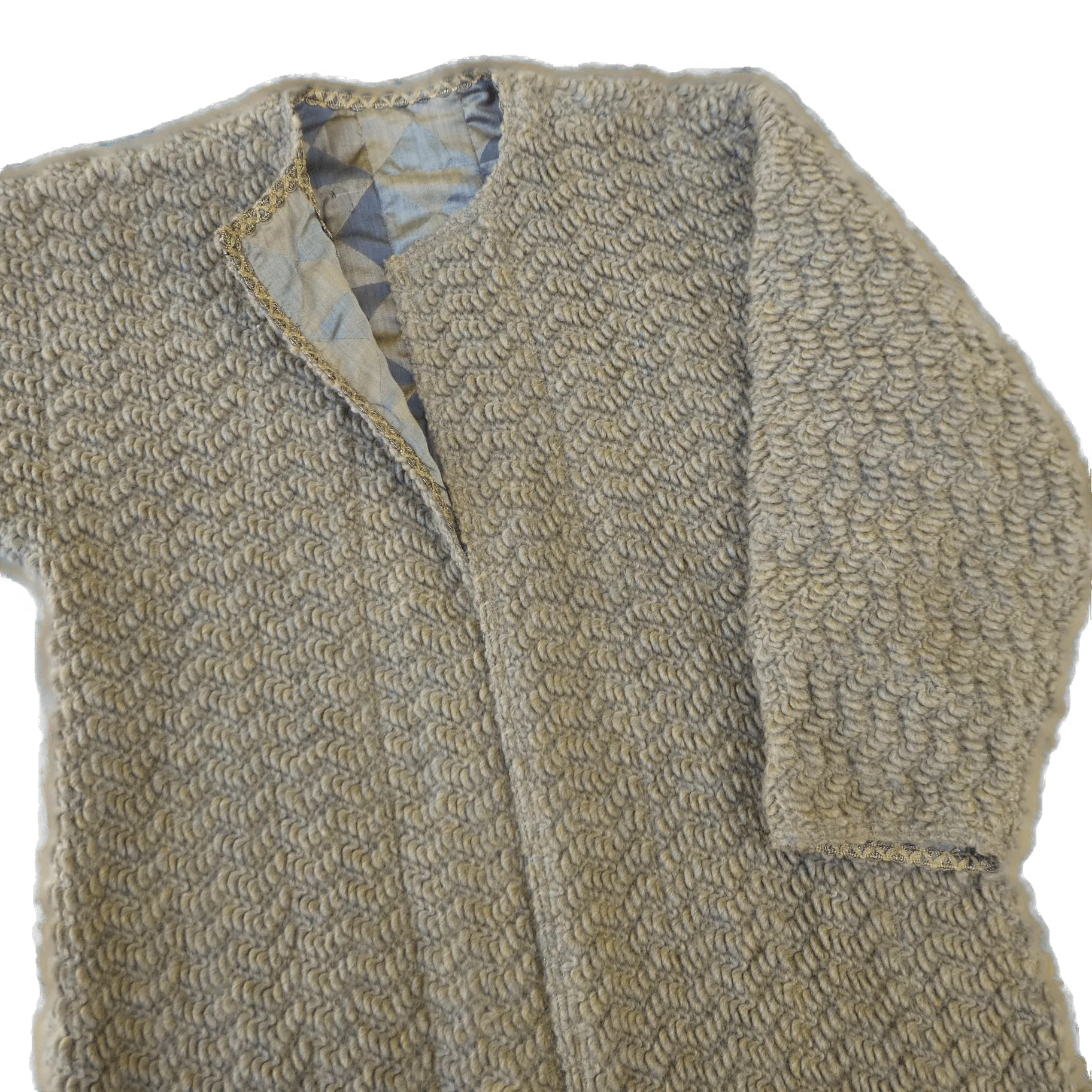 70s Boho Tan Boucle Woven Wool Duster Coat Pockets M - Image 12