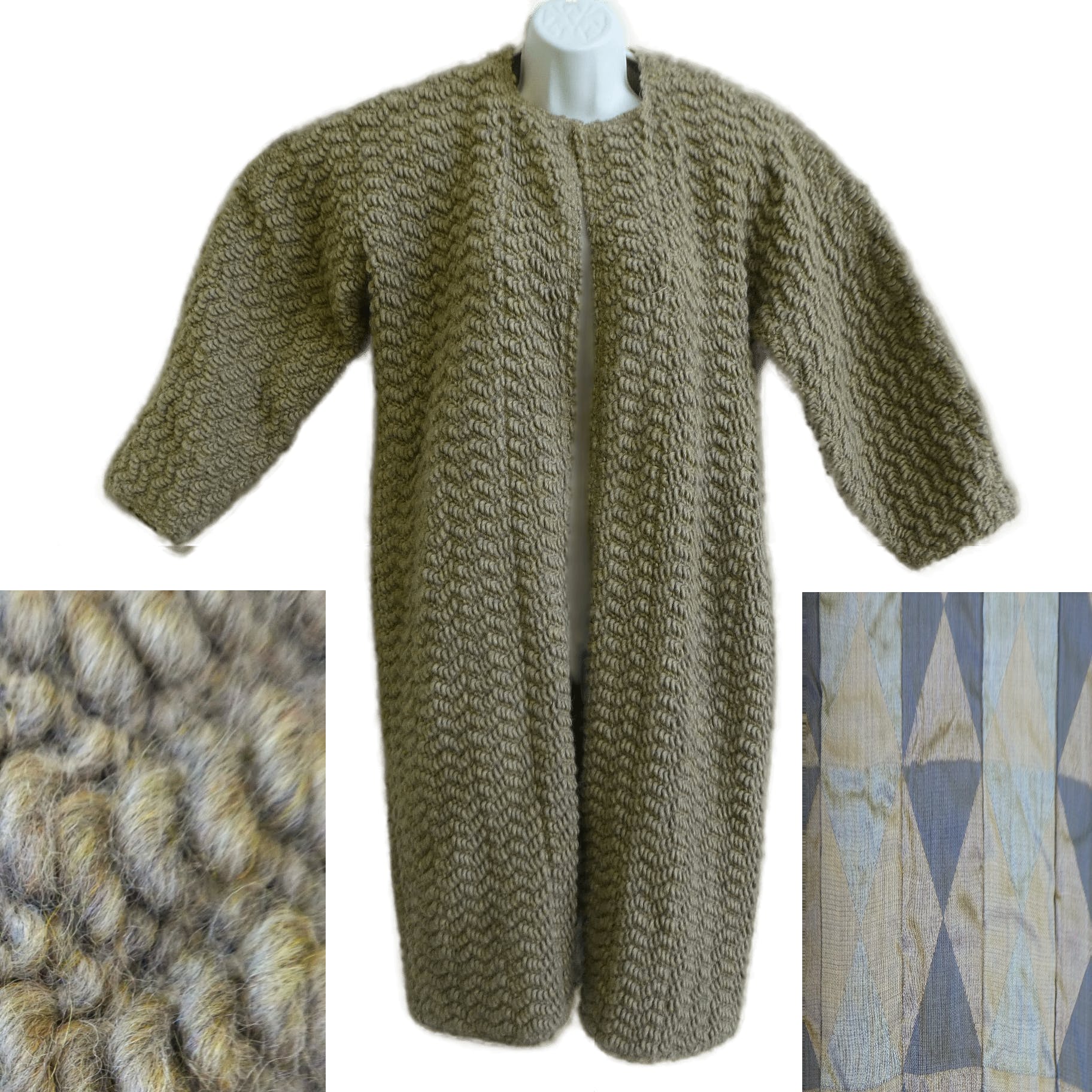 70s Boho Tan Boucle Woven Wool Duster Coat Pockets M - Image 3