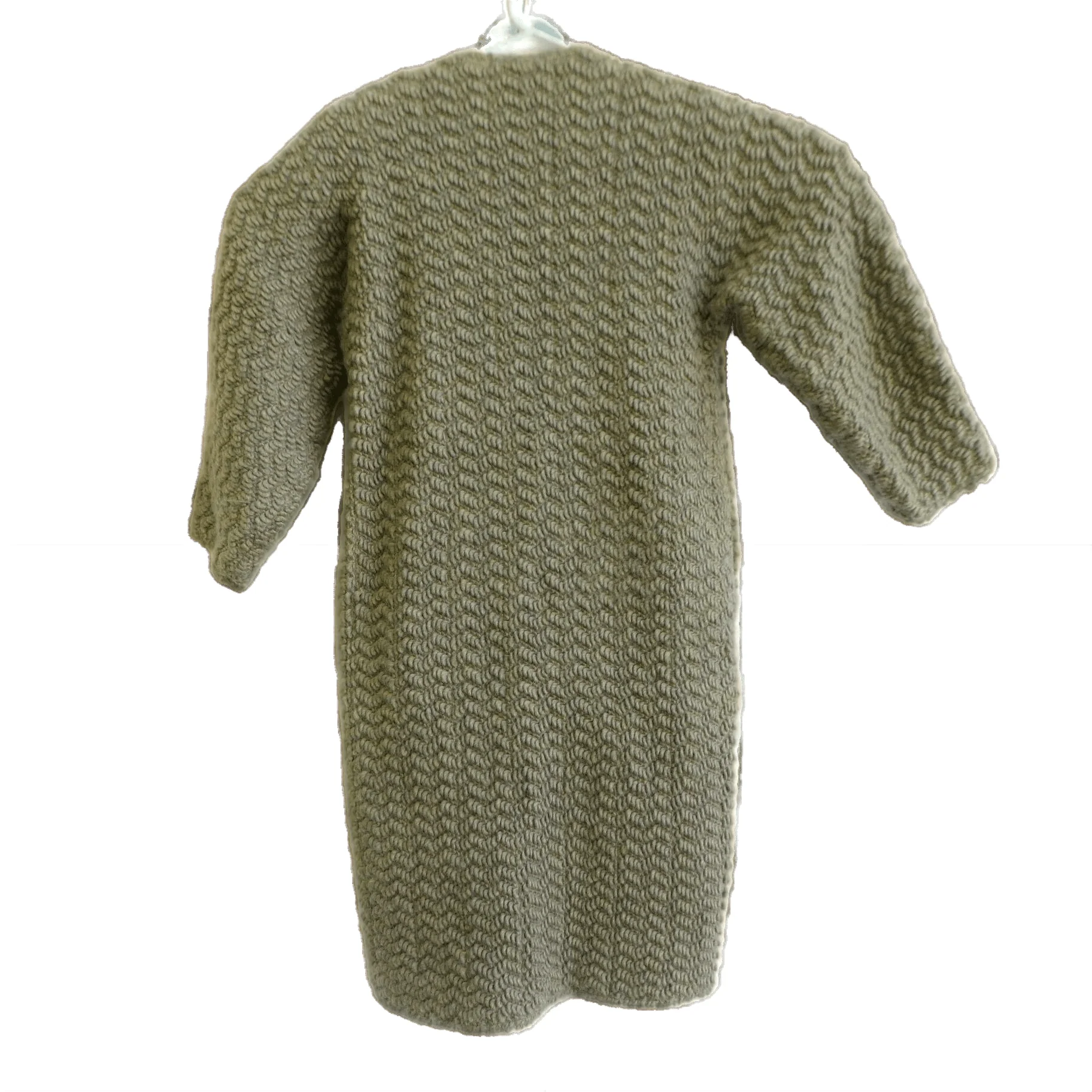 70s Boho Tan Boucle Woven Wool Duster Coat Pockets M - Image 7