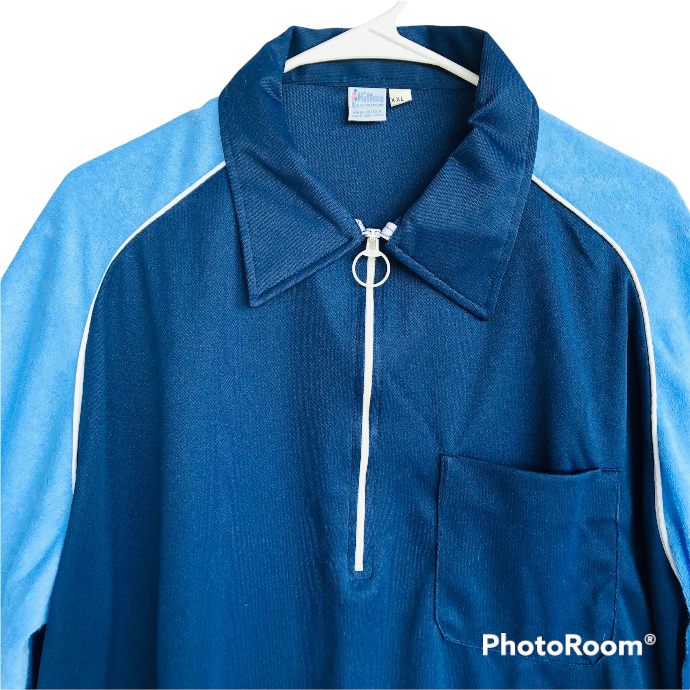 70s Bowling Shirt Men 2xl Blue Terry Cloth Quarter Zip By Hilton - Image 3