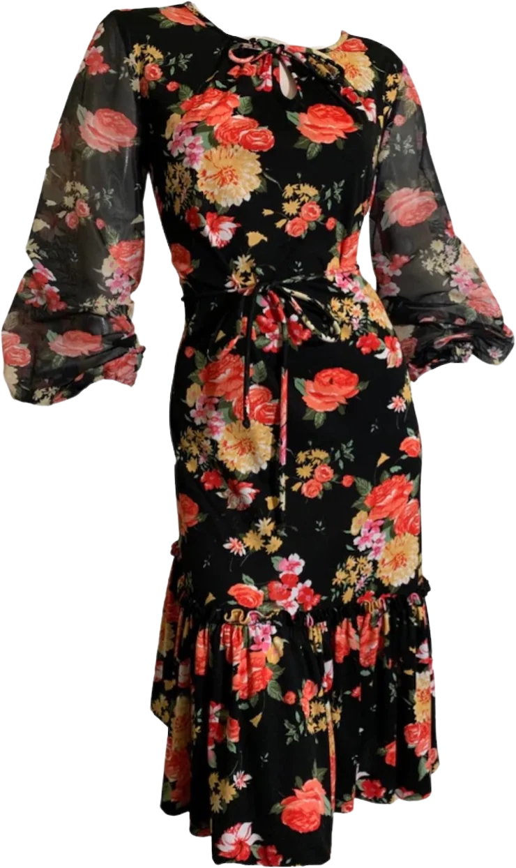 70s Bright Floral Print Peasant Style Dress By Andrea