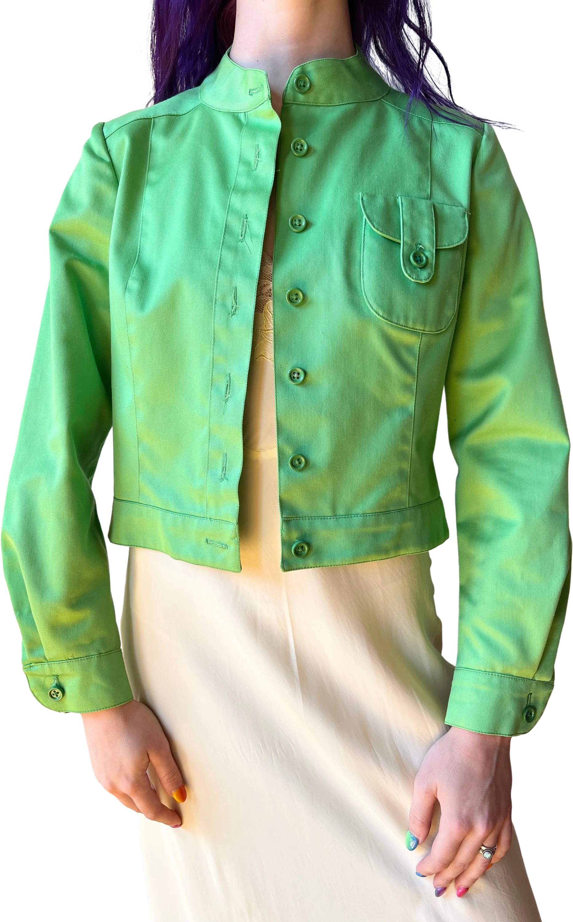 70s Bright Green Cropped Union Made Ilgwu Cotton Button Up Jacket