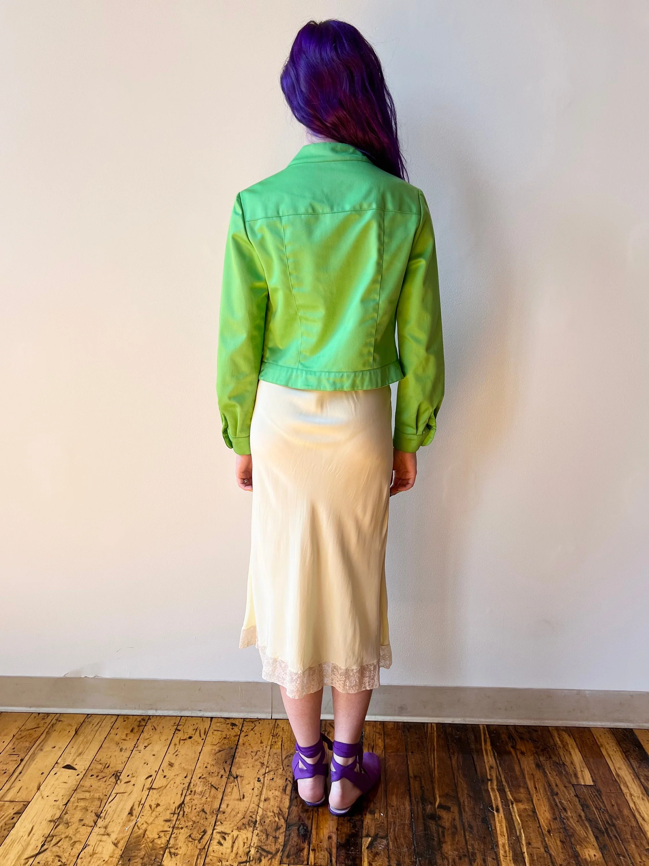 70s Bright Green Cropped Union Made Ilgwu Cotton Button Up Jacket - Image 3