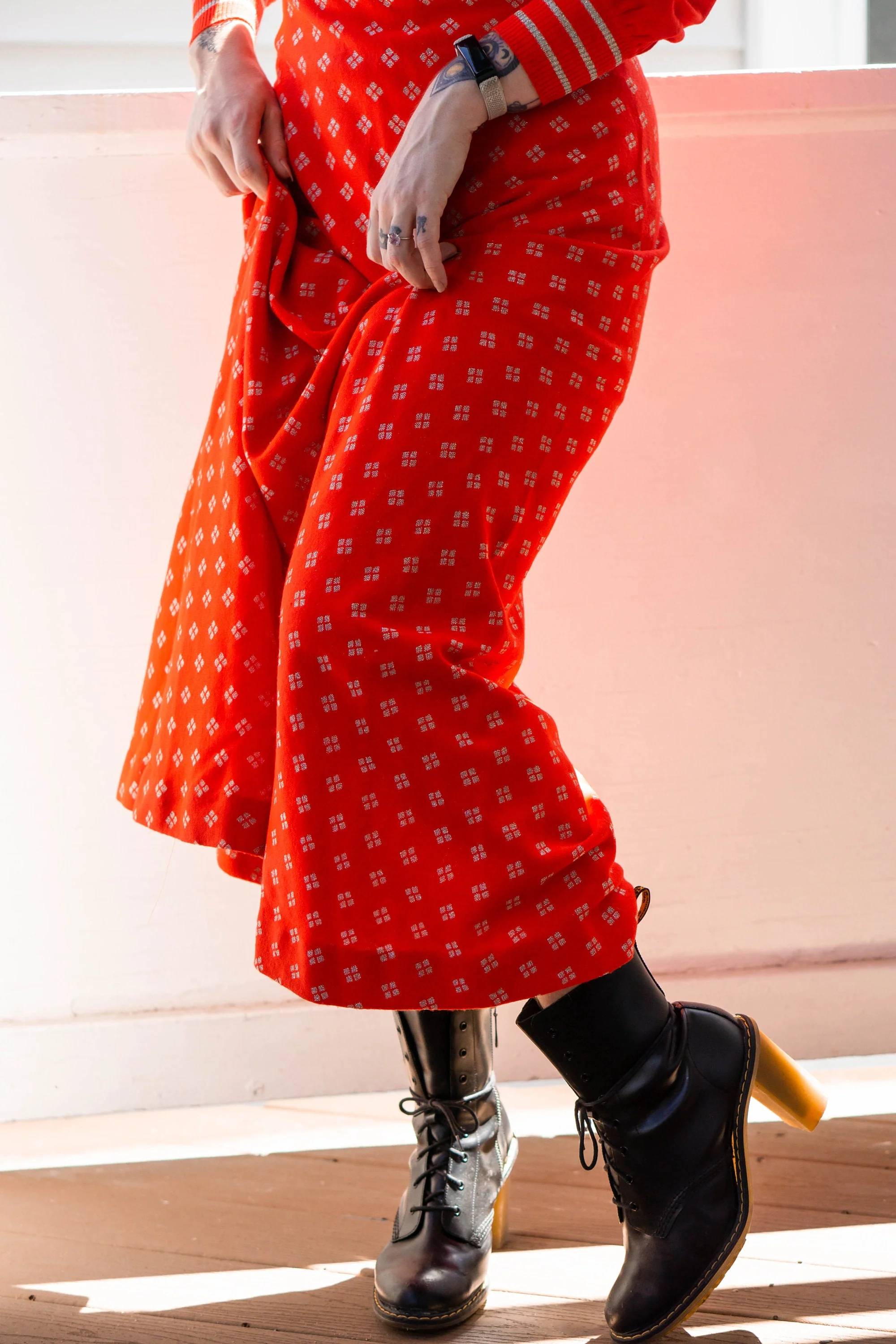 70s Bright Red Knit Silver Metallic V-Neck Maxi Sweater Dress Alley Cat Style by Aristo Kat Ltd - Image 5