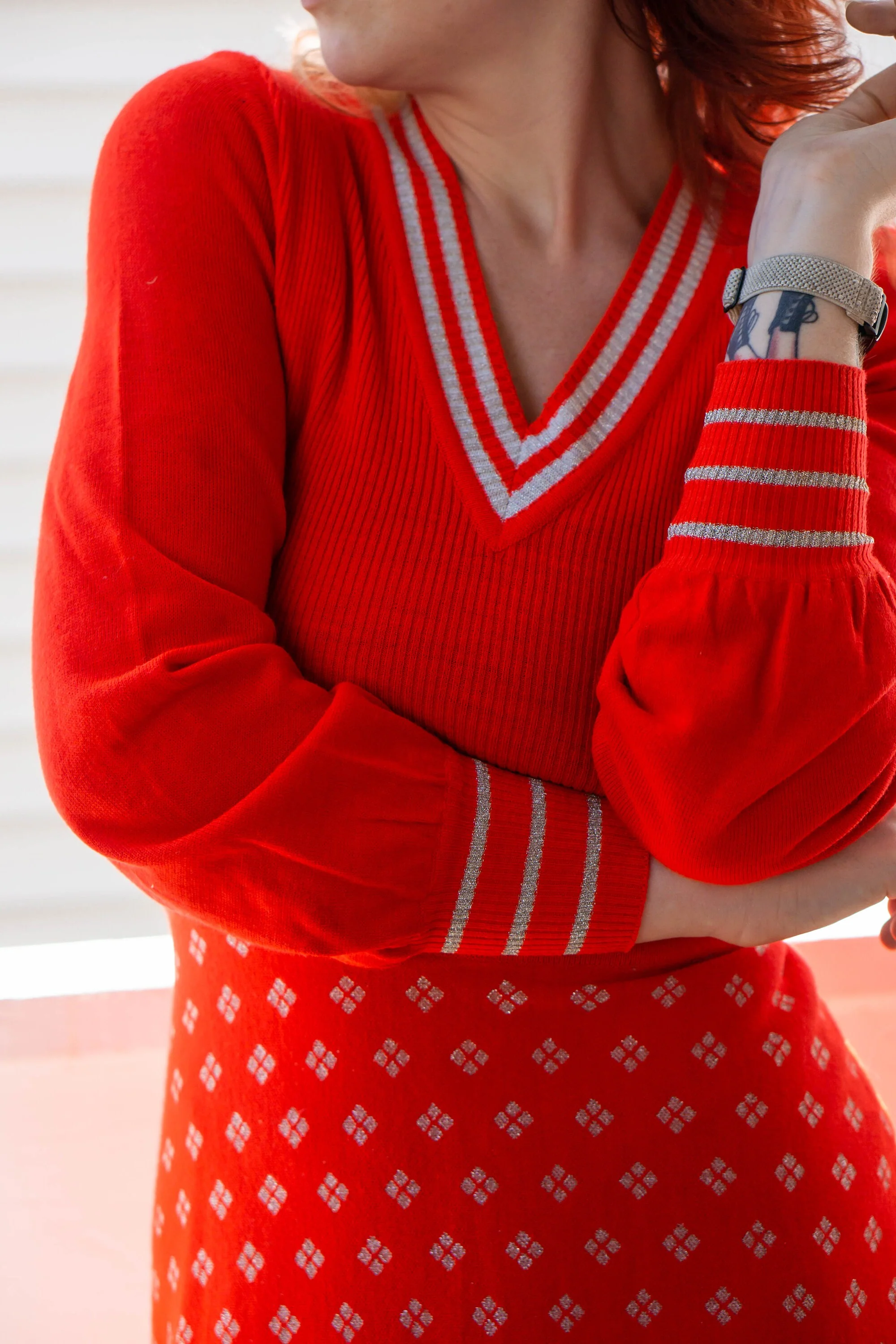 70s Bright Red Knit Silver Metallic V-Neck Maxi Sweater Dress Alley Cat Style by Aristo Kat Ltd - Image 6