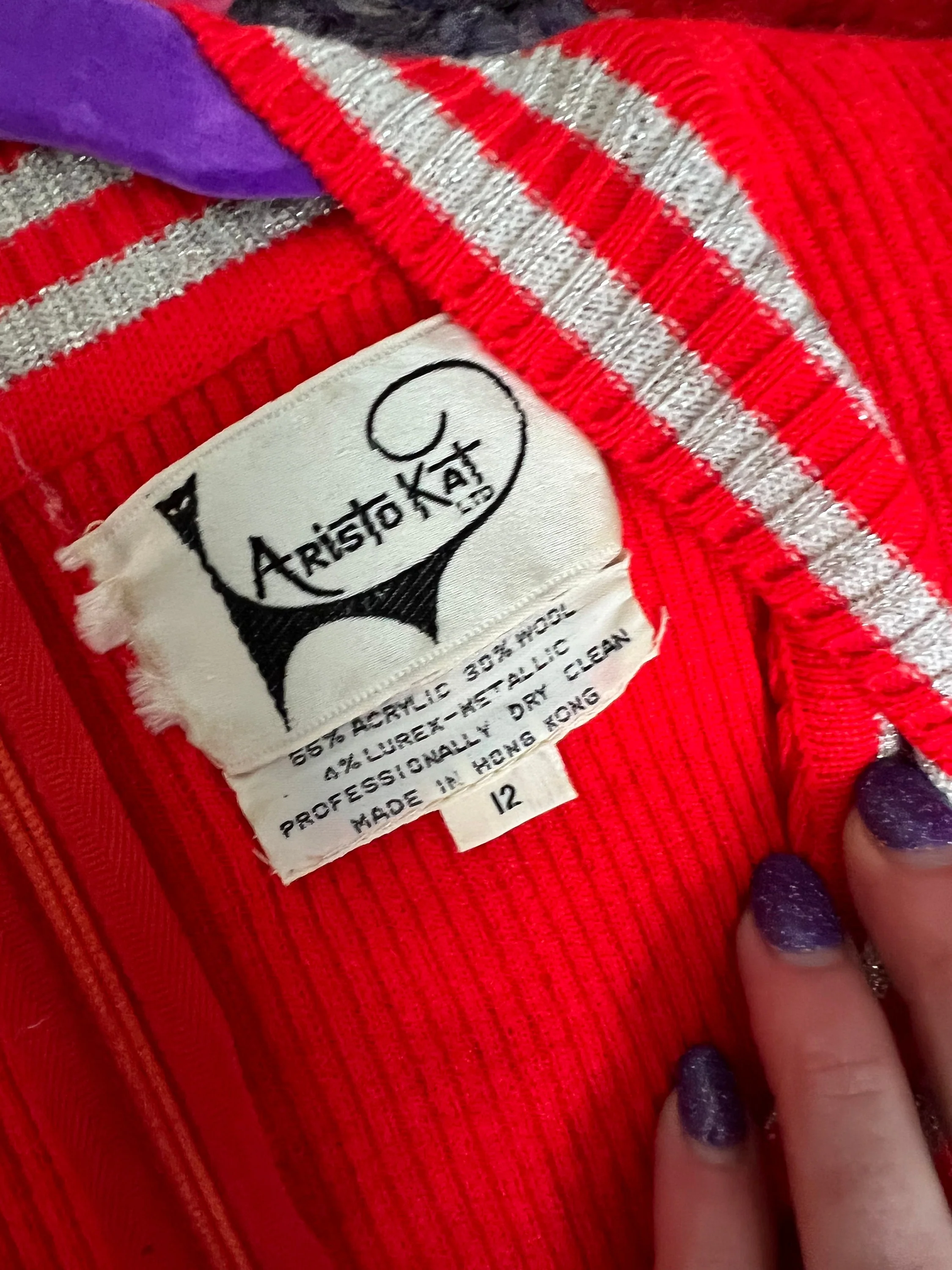70s Bright Red Knit Silver Metallic V-Neck Maxi Sweater Dress Alley Cat Style by Aristo Kat Ltd - Image 8