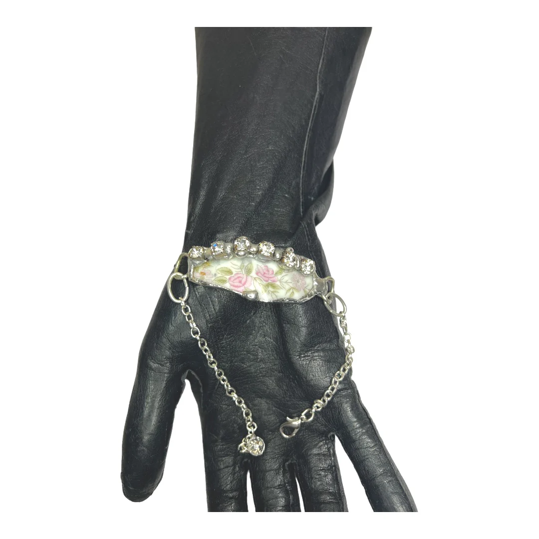 70s Broken China Bracelet With Rhinestones Handcrafted - Image 4