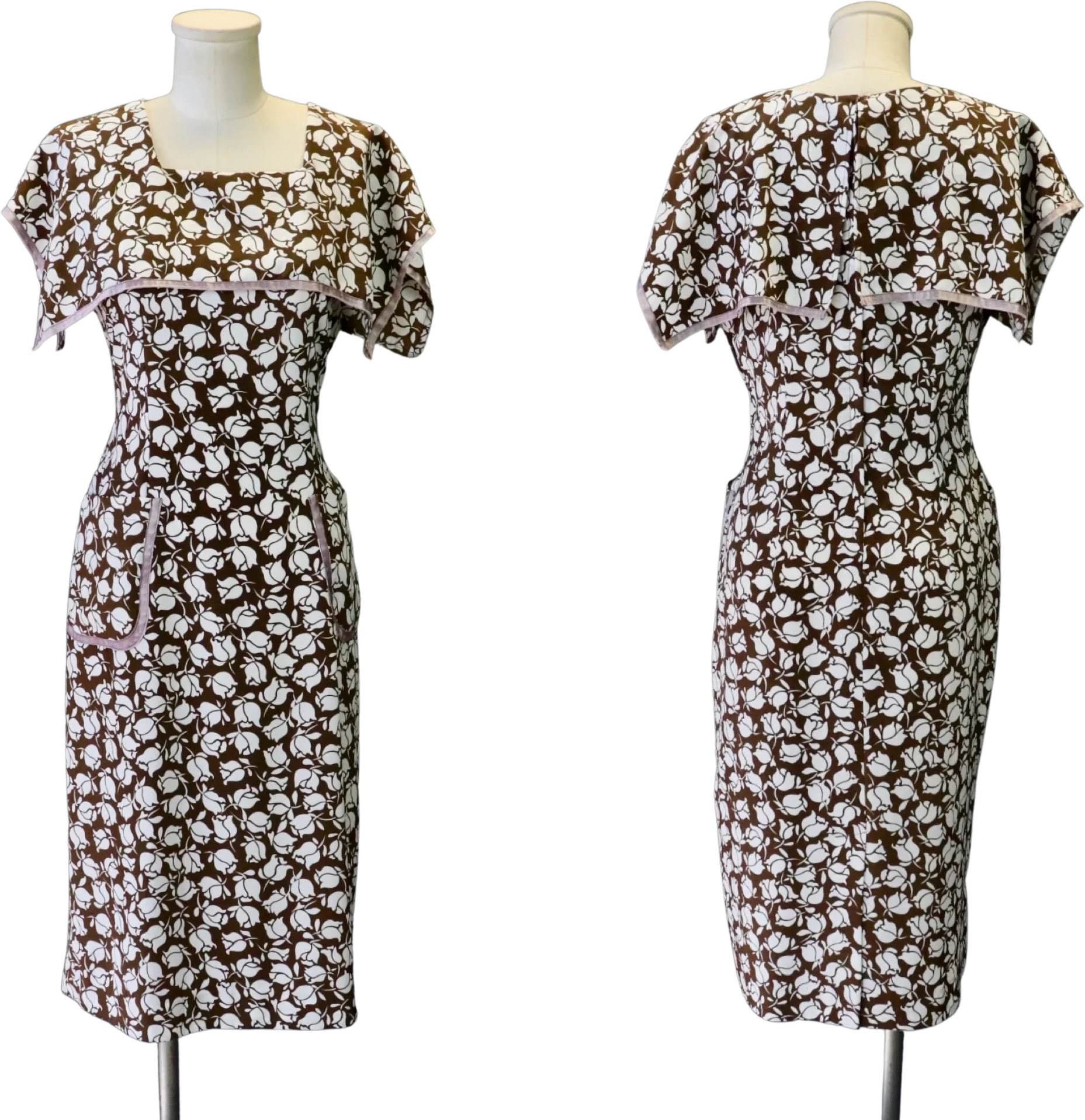 70s Brown And White 30s Style Floral (rose) Cape Dress