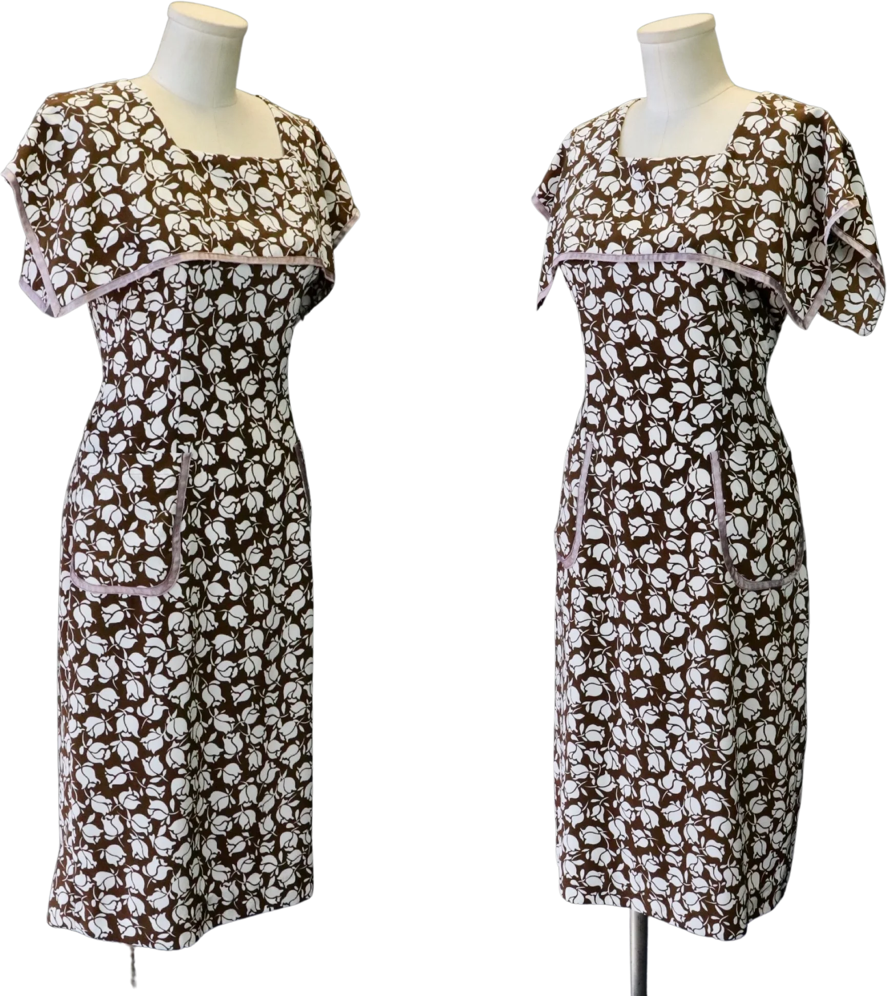 70s Brown And White 30s Style Floral (rose) Cape Dress - Image 2