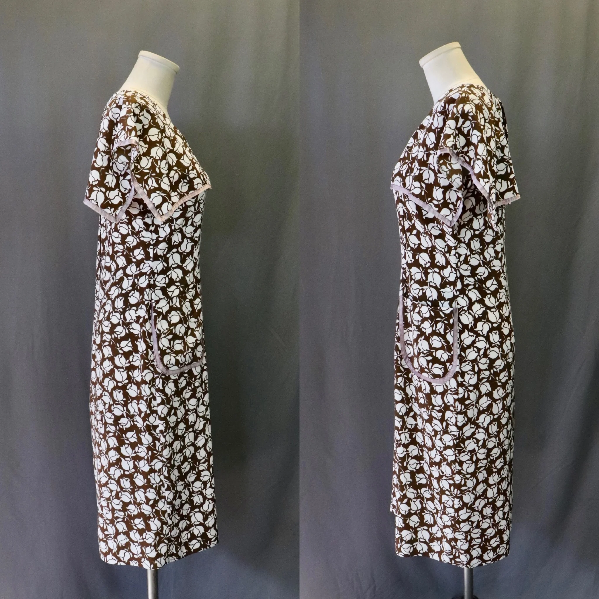 70s Brown And White 30s Style Floral (rose) Cape Dress - Image 3