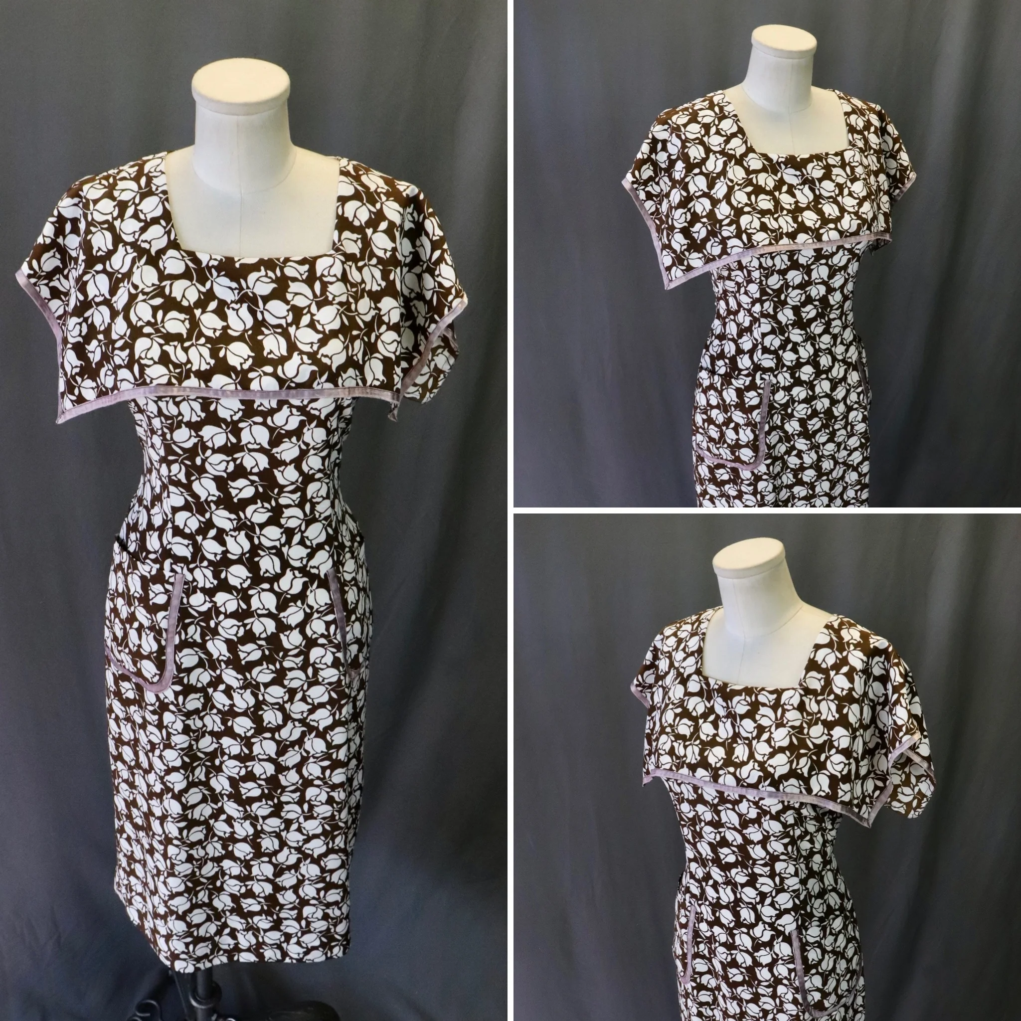 70s Brown And White 30s Style Floral (rose) Cape Dress - Image 4