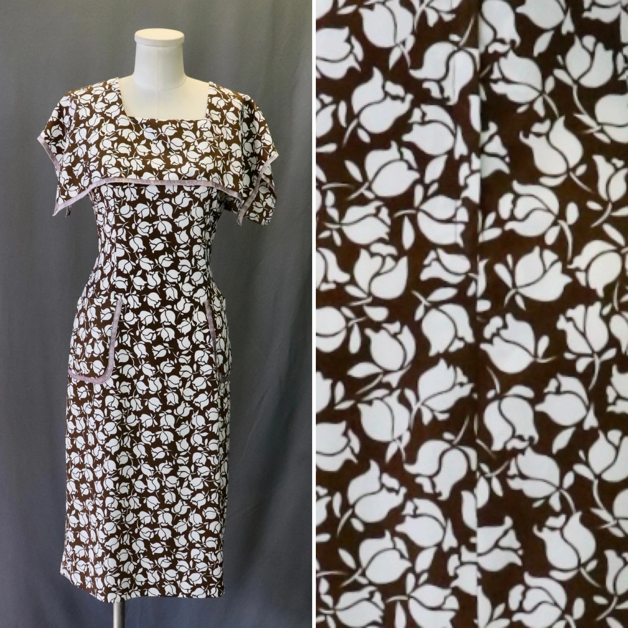 70s Brown And White 30s Style Floral (rose) Cape Dress - Image 5