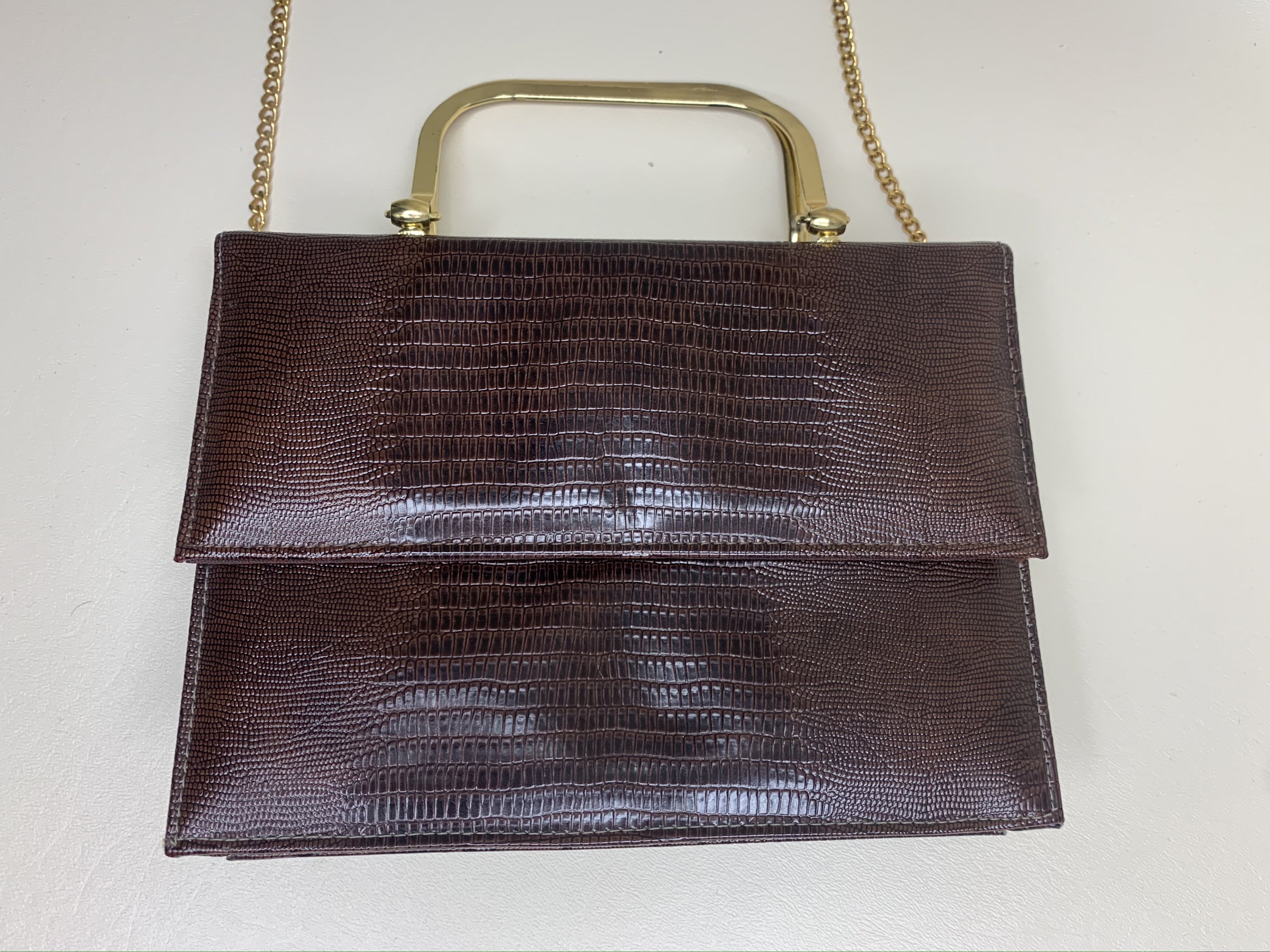 70s Brown Faux Texture Reptile Top Handle Shoulder Bag By Ande - Image 12