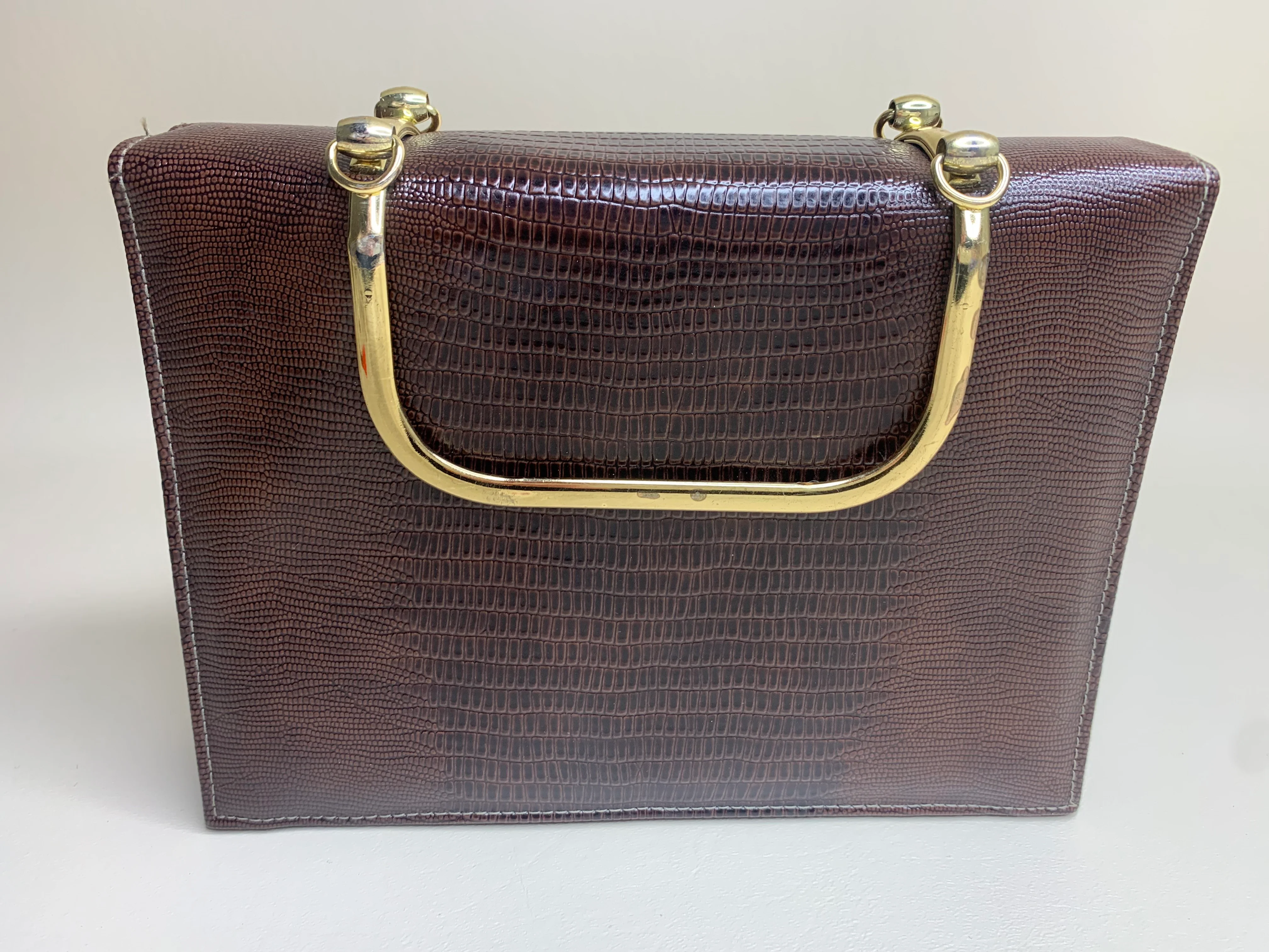 70s Brown Faux Texture Reptile Top Handle Shoulder Bag By Ande - Image 6