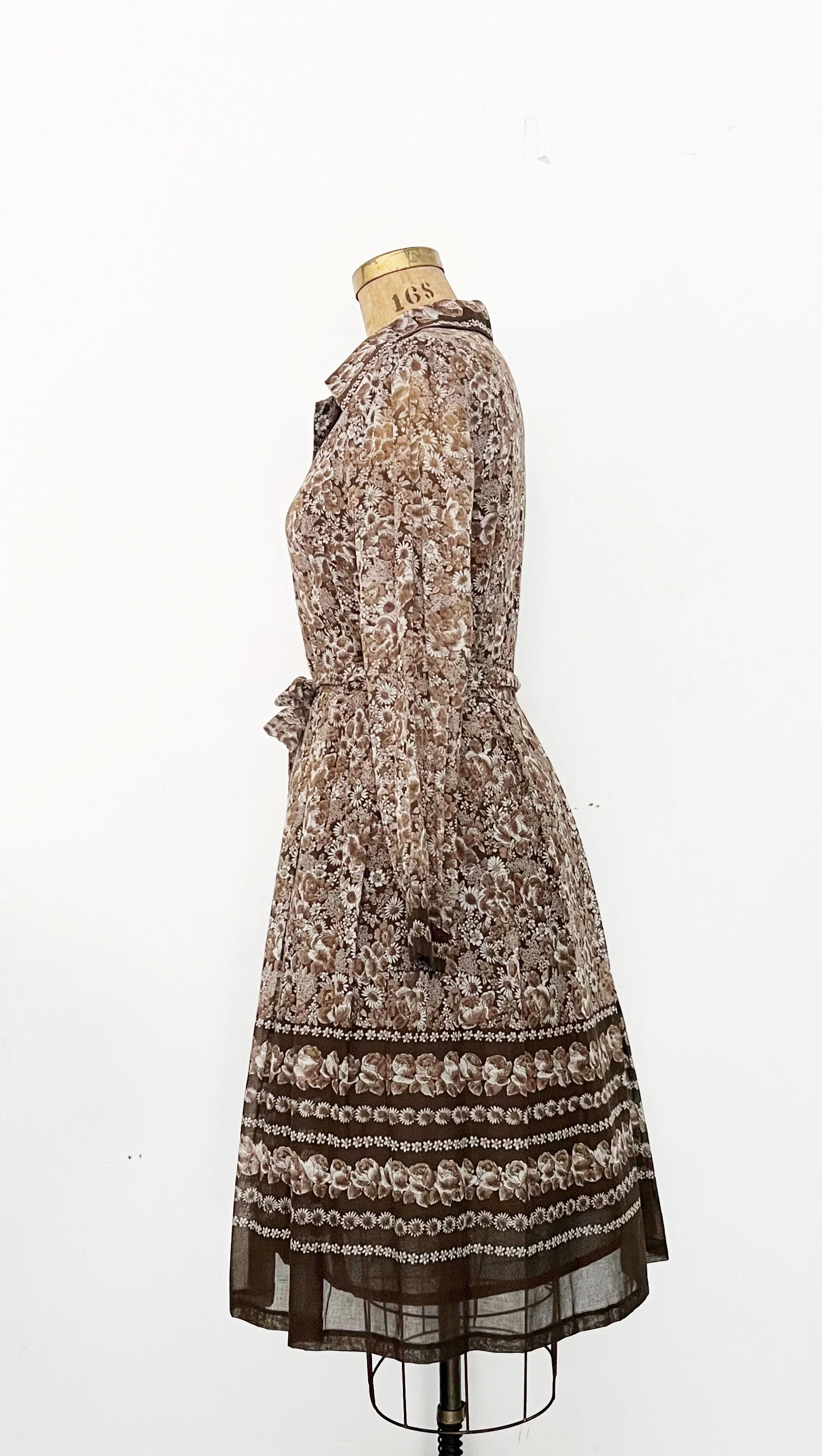 70s Brown Floral Voile Shirtwaist Dress - Image 5