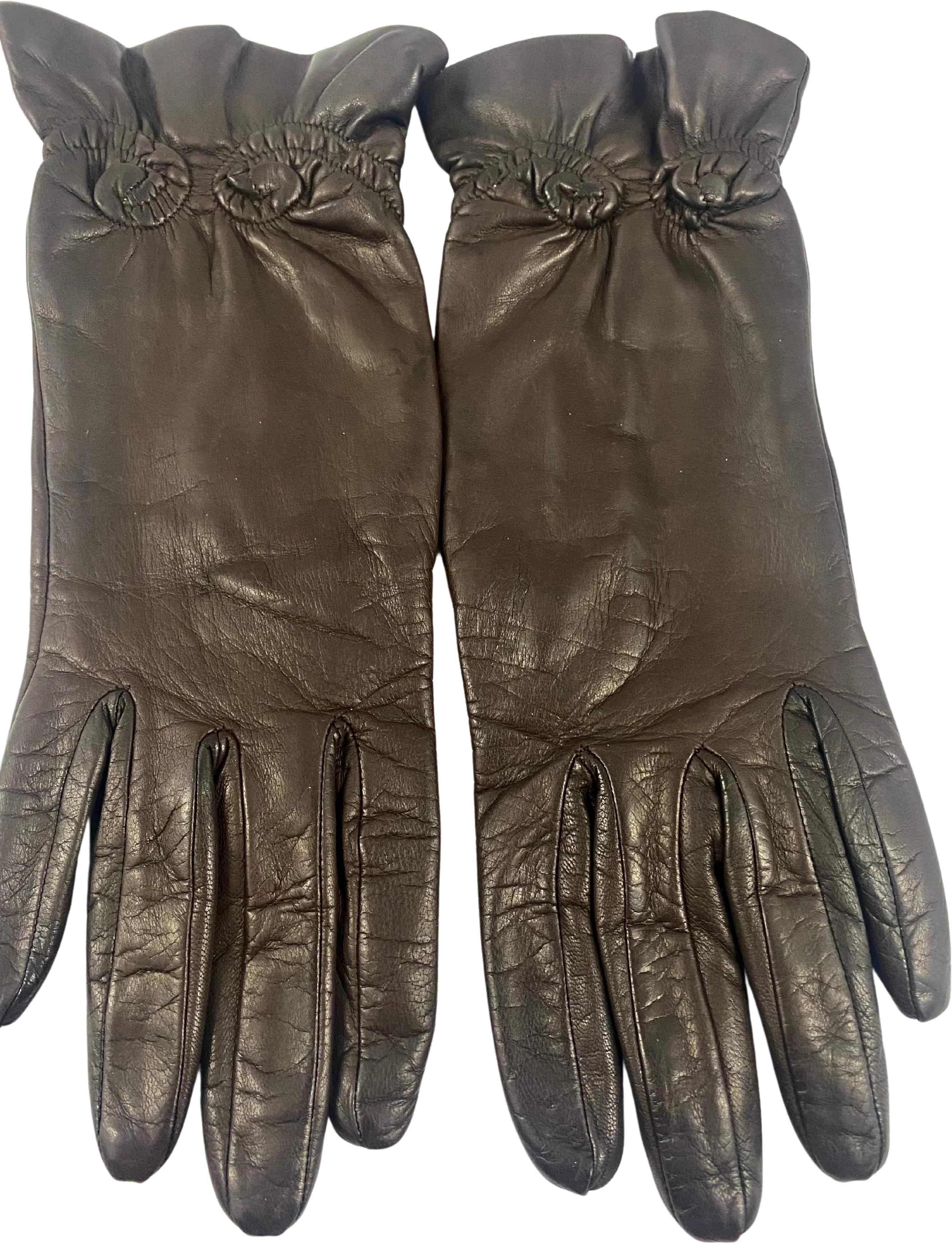 70s Brown Leather Gloves With Silk Lining Size 7 By Fendi