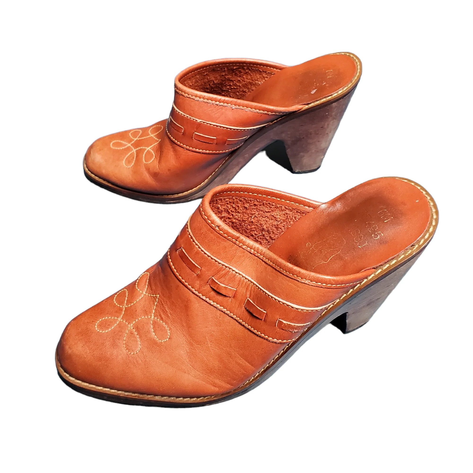 70s Brown Leather Wooden Heel Open Back Western Clogs By Hush Puppies - Image 4