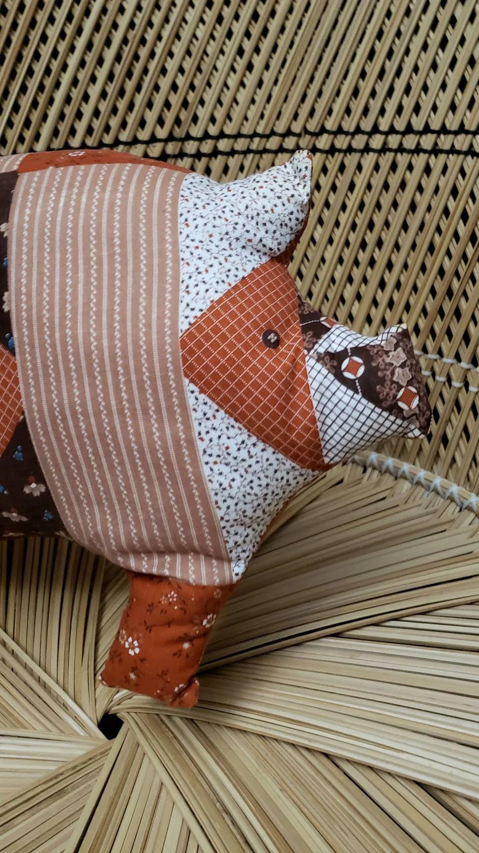 70s Brown Patchwork Pig Pillow 14"x10" - Image 5